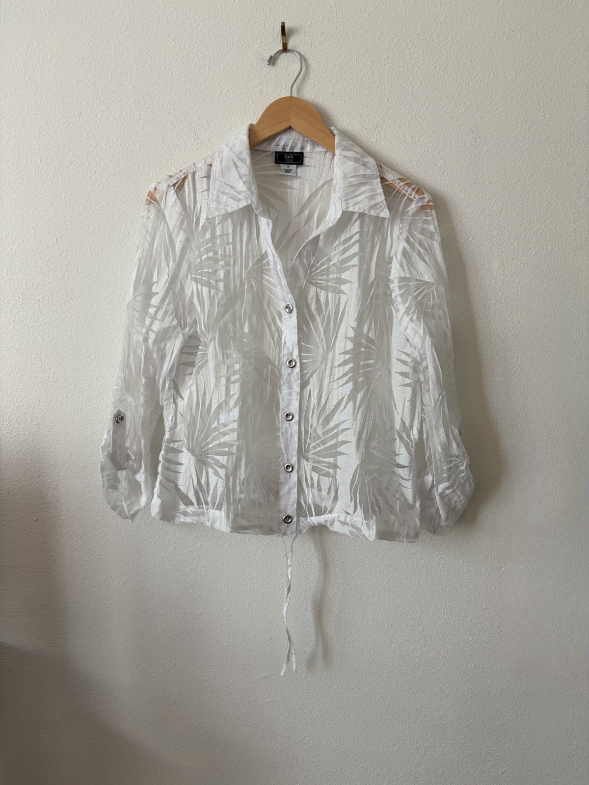 Lark Lane White Sheer Floral Leaf Print Collared Button-Front Blouse 16