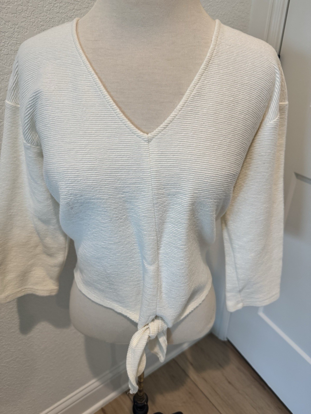 Madewell Texture & Thread Tie Front Top Womens Cream Ribbed 3/4 Sleeve Sz M