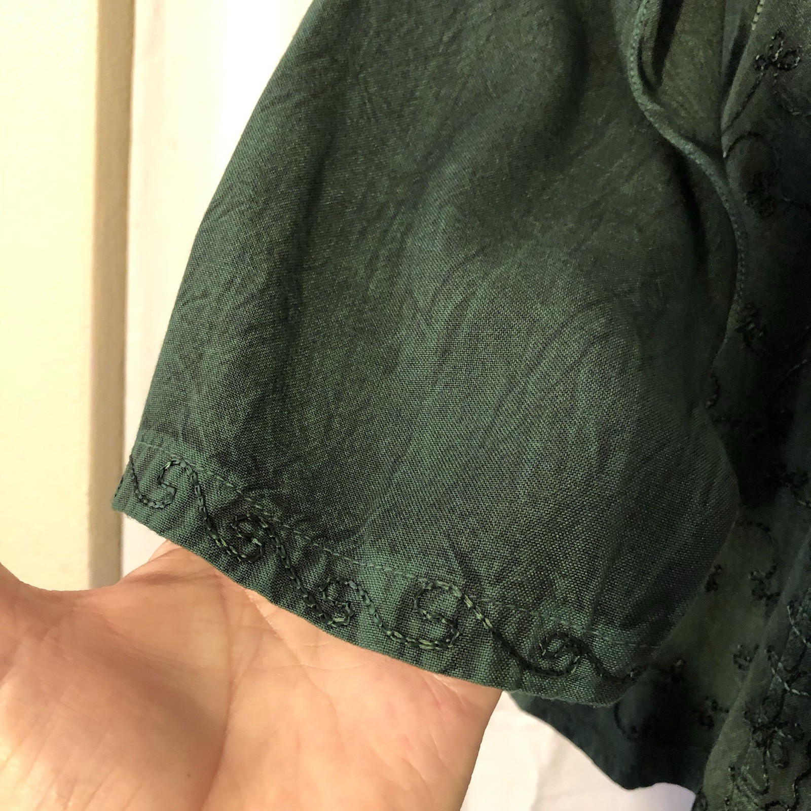 Sakkas Green Embroidered Button Front Round Neck Long Sleeve Rayon Blouse L/XL