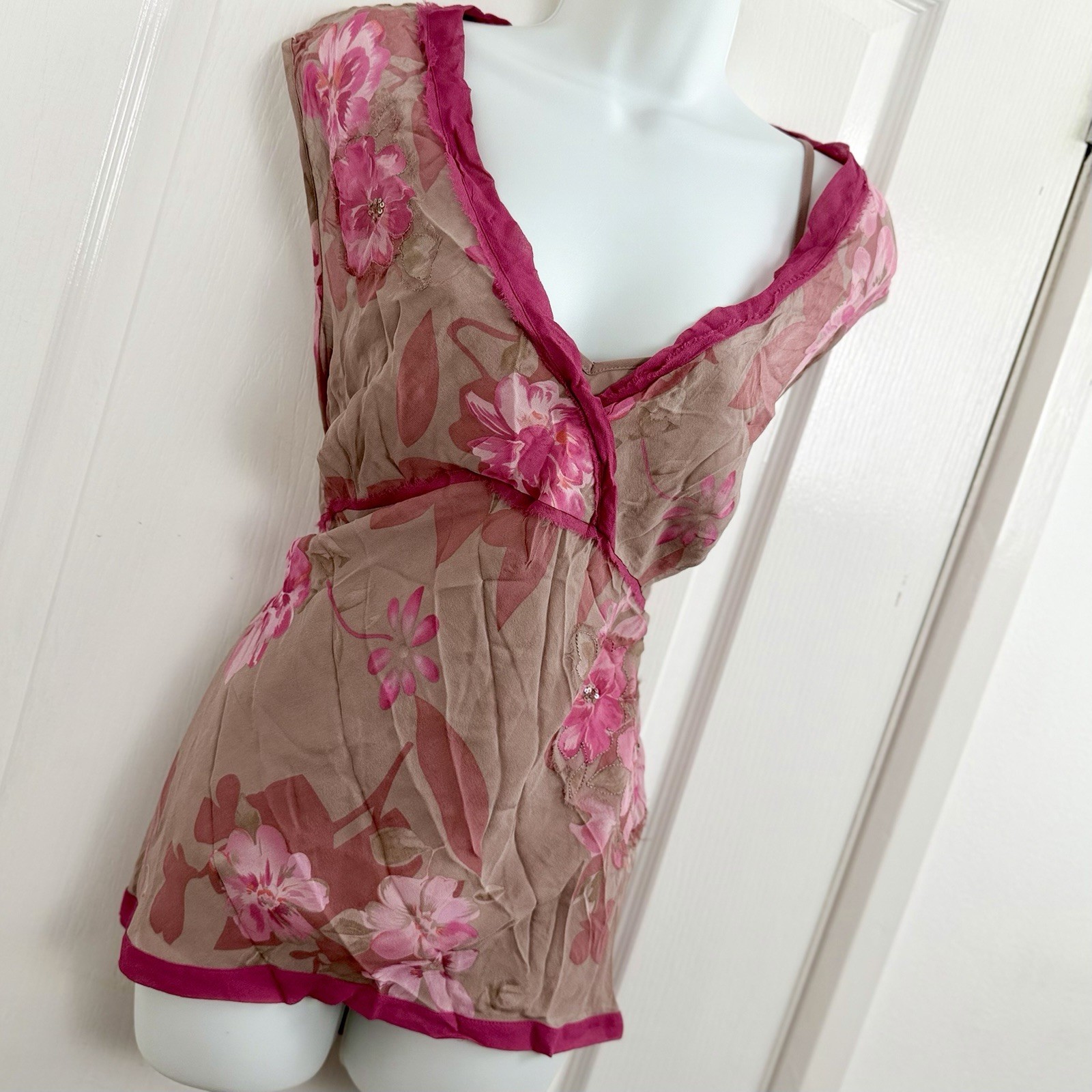 Monsoon 100% Silk Floral Top UK 22 Pink Applique Sequin Boho Y2K Fairycore Boho