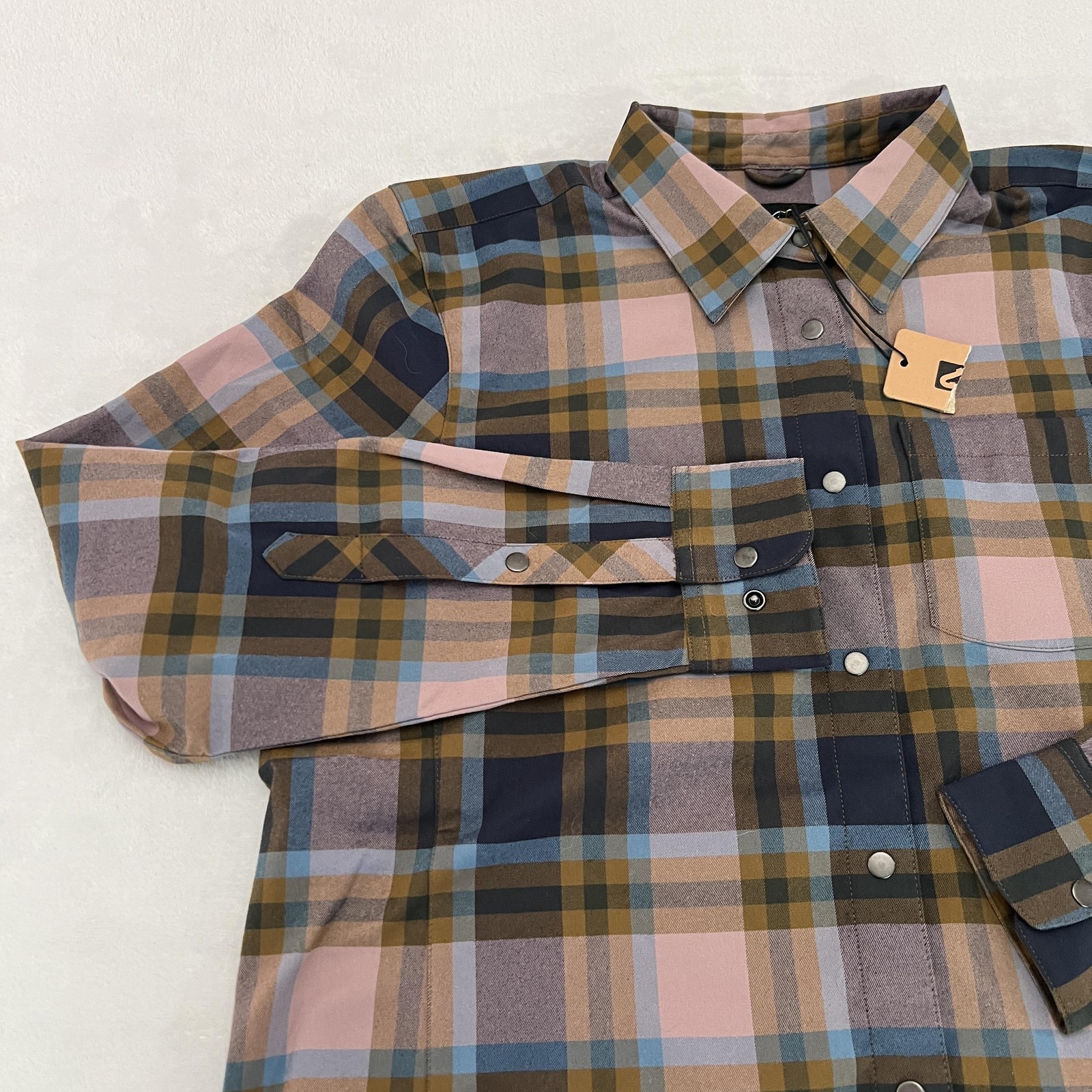 Flylow Brigitte Tech Flannel Shirt Womens Large RyePlaid Snap Button Up