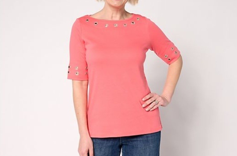 Quacker Factory Large Coral Grommet Bateau Neckline Elbow Sleeve Top A684991 EUC
