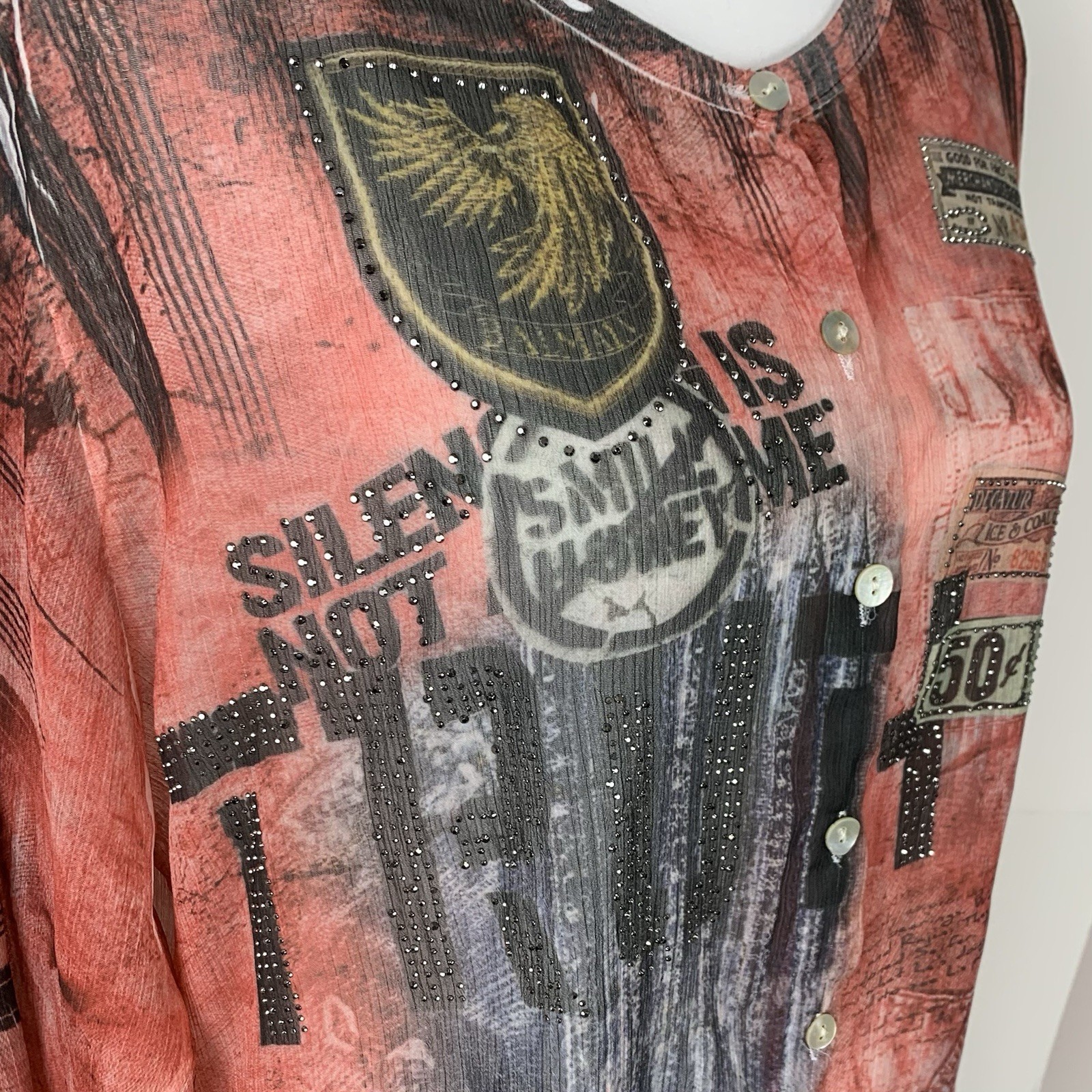 Made In Italy Women L Button Up Tunic Sheer Rhinestone Street Art Collarless