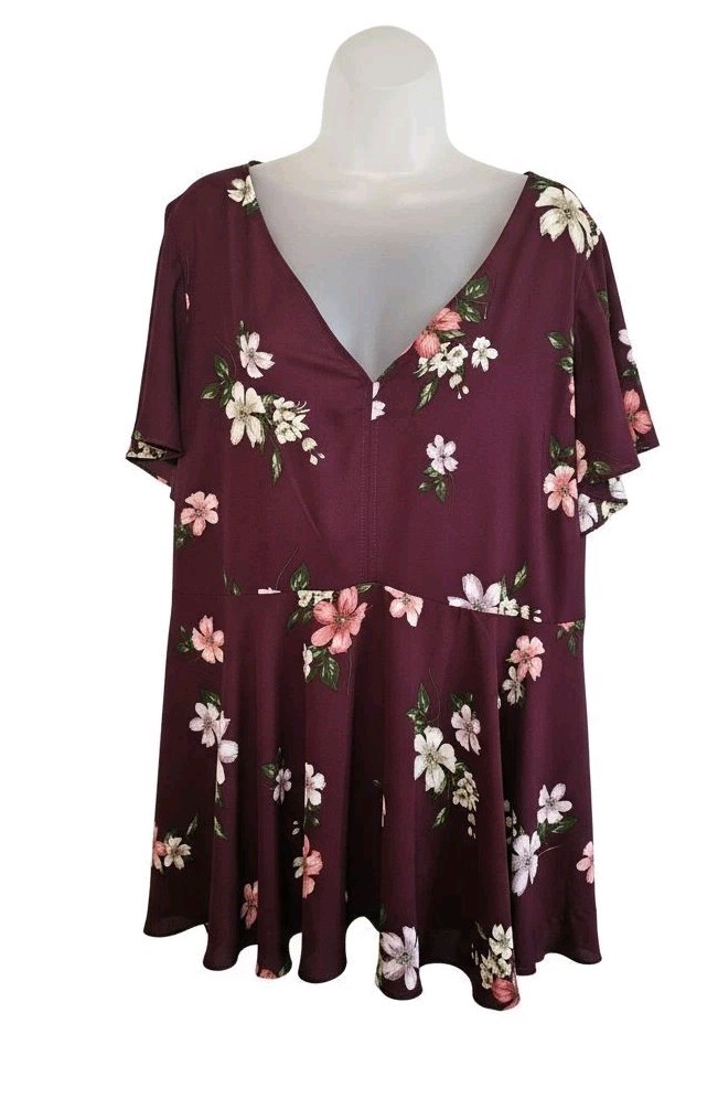 Torrid Women’s Babydoll Tunic Sz 4X Flutter Sleeves V-Neck Burgundy Cream Floral