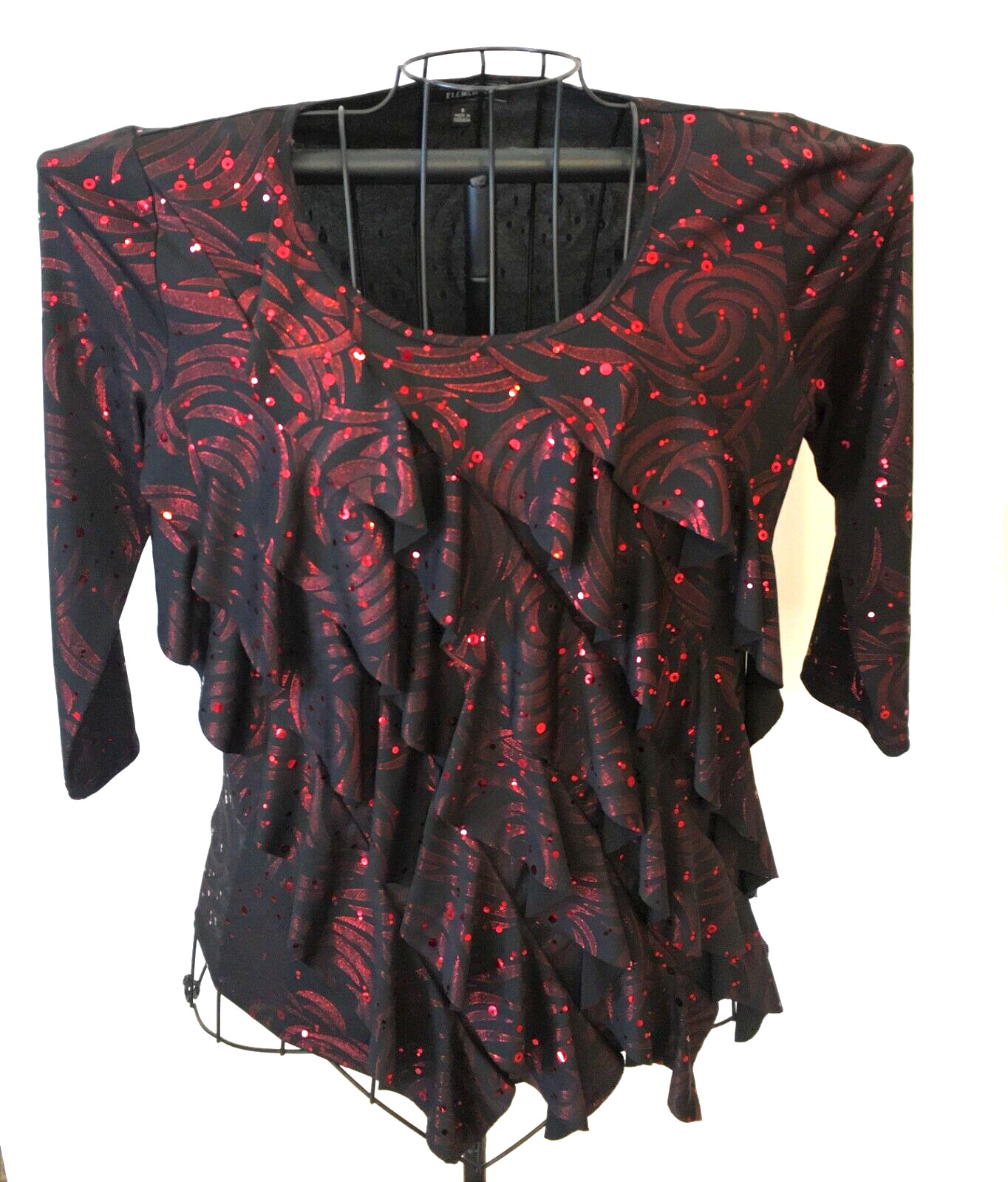 Women’s Black & Red Top Shirt Layered Shiny Bling Size Small