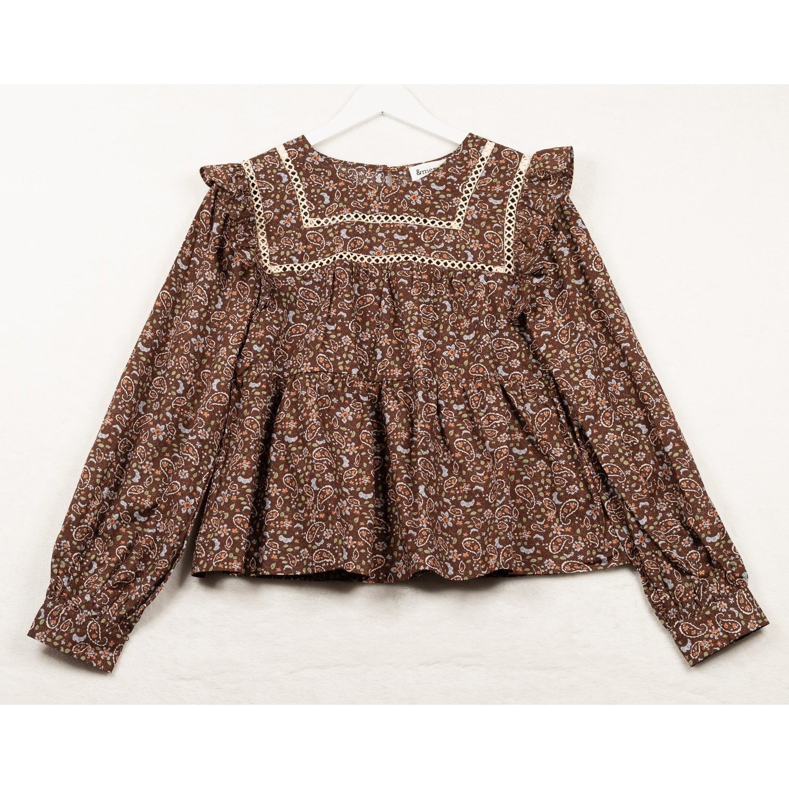 &MERCI Paisley Ruffled Blouse Romantic Earthy Boho Cottagecore Retro 70s Sz M