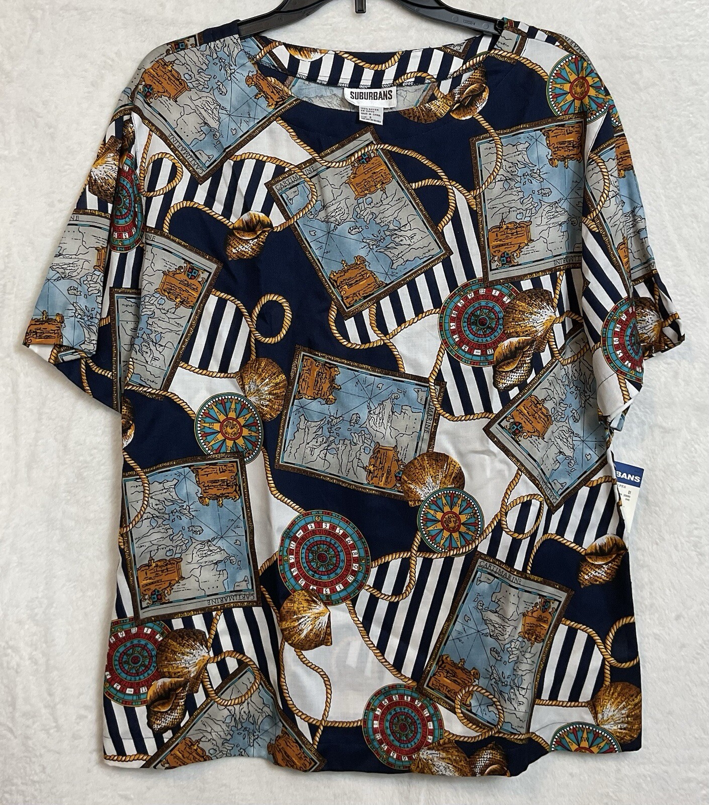 NWT Vintage Suburbans Multicolor Nautical Top Blouse Size 8 Short Sleeve
