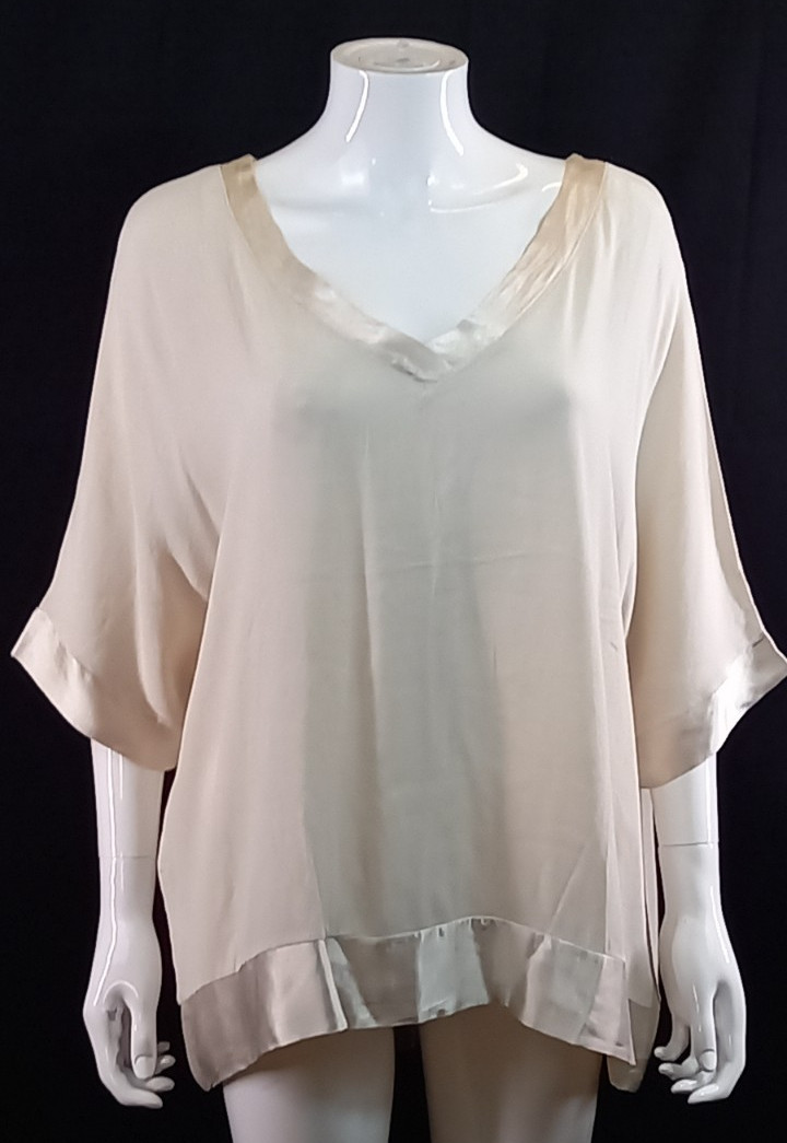 JB Fashion Beige V Neck Satin Trim Ladies Blouse Top 100% Viscose Italy UK 10