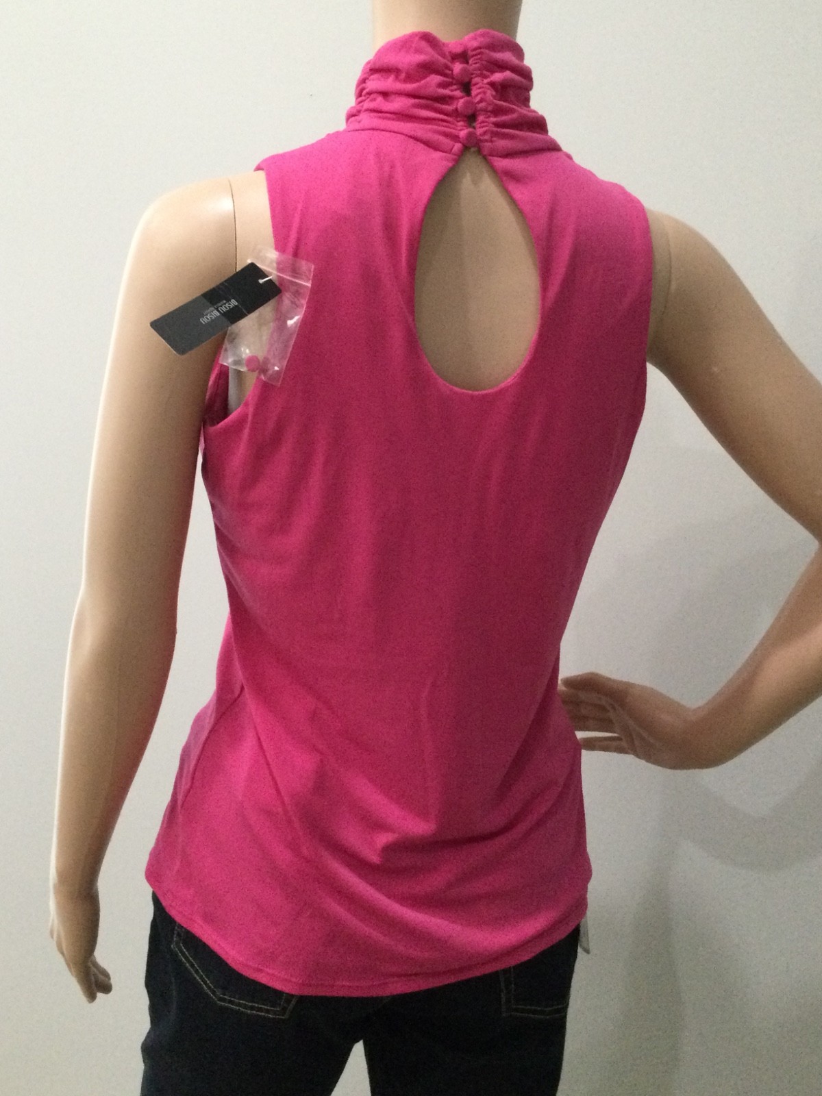 Bisou Bisou Pink Ruched Mock Neck Top Chain Detail Open Back Y2K Glam Size M