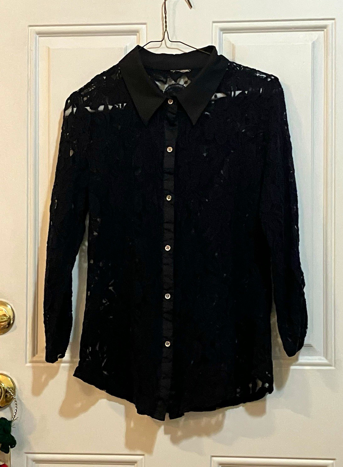 Womens Black Sheer Floral Lace Collared Button-Up Long Sleeve Blouse S