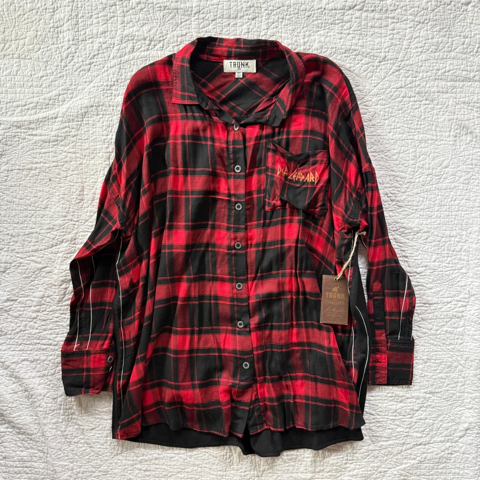 Trunk LTD Def Leppard Adrenalize Red Plaid Button Up Size S Oversized 90s Grunge