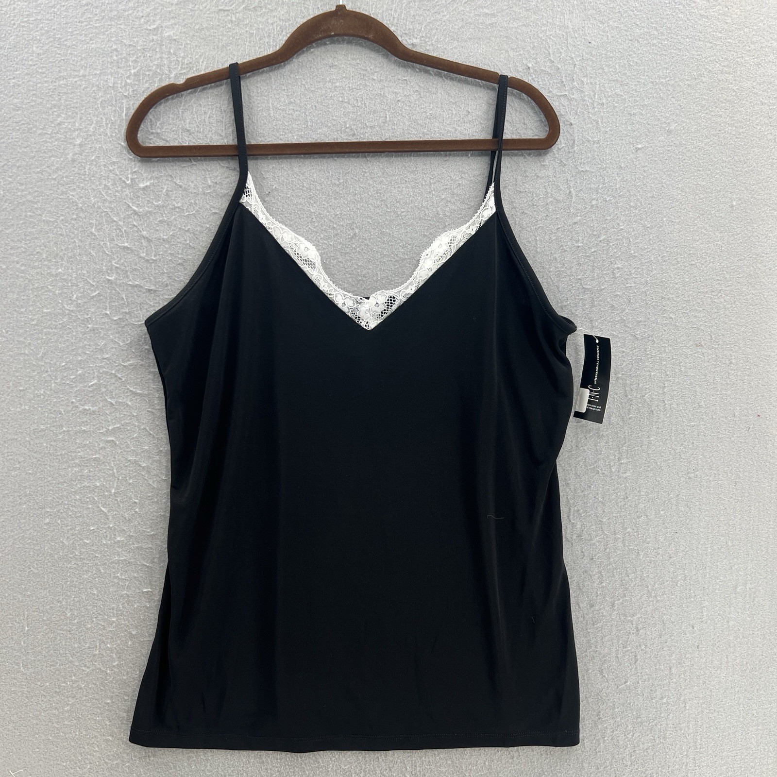 Inc Tank Womens XL Black Cami Lace Detail V-Neck Spaghetti Straps Stretch Basic