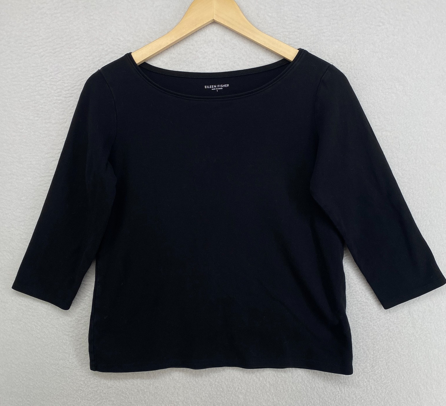 EILEEN FISHER Top S Cotton Interlock Jersey Boat Neck 3/4 Sleeve Black