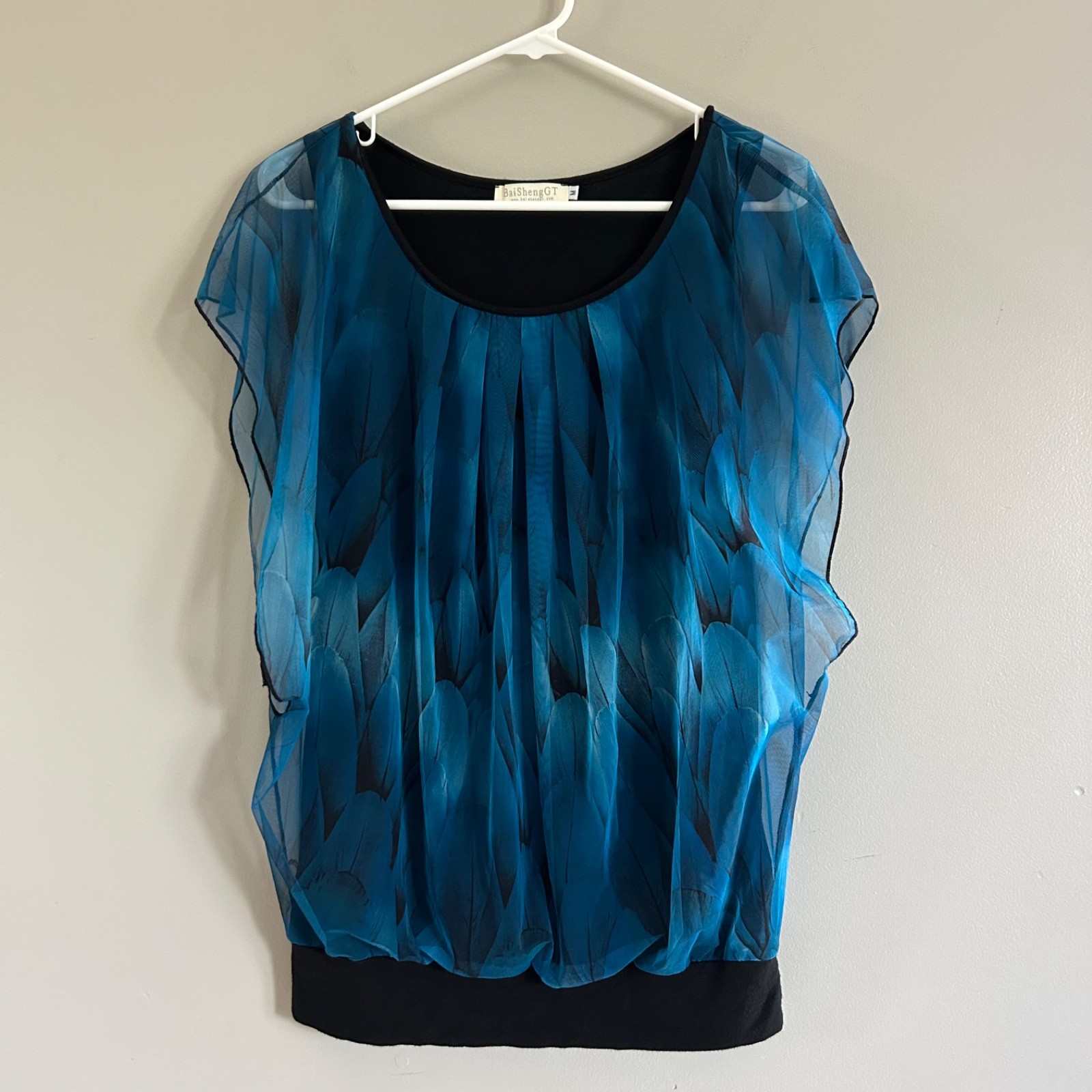 Blue Peacock Flouncing Flared Short Sleeve Mesh Blouse Top Medium Fairy Whimsy