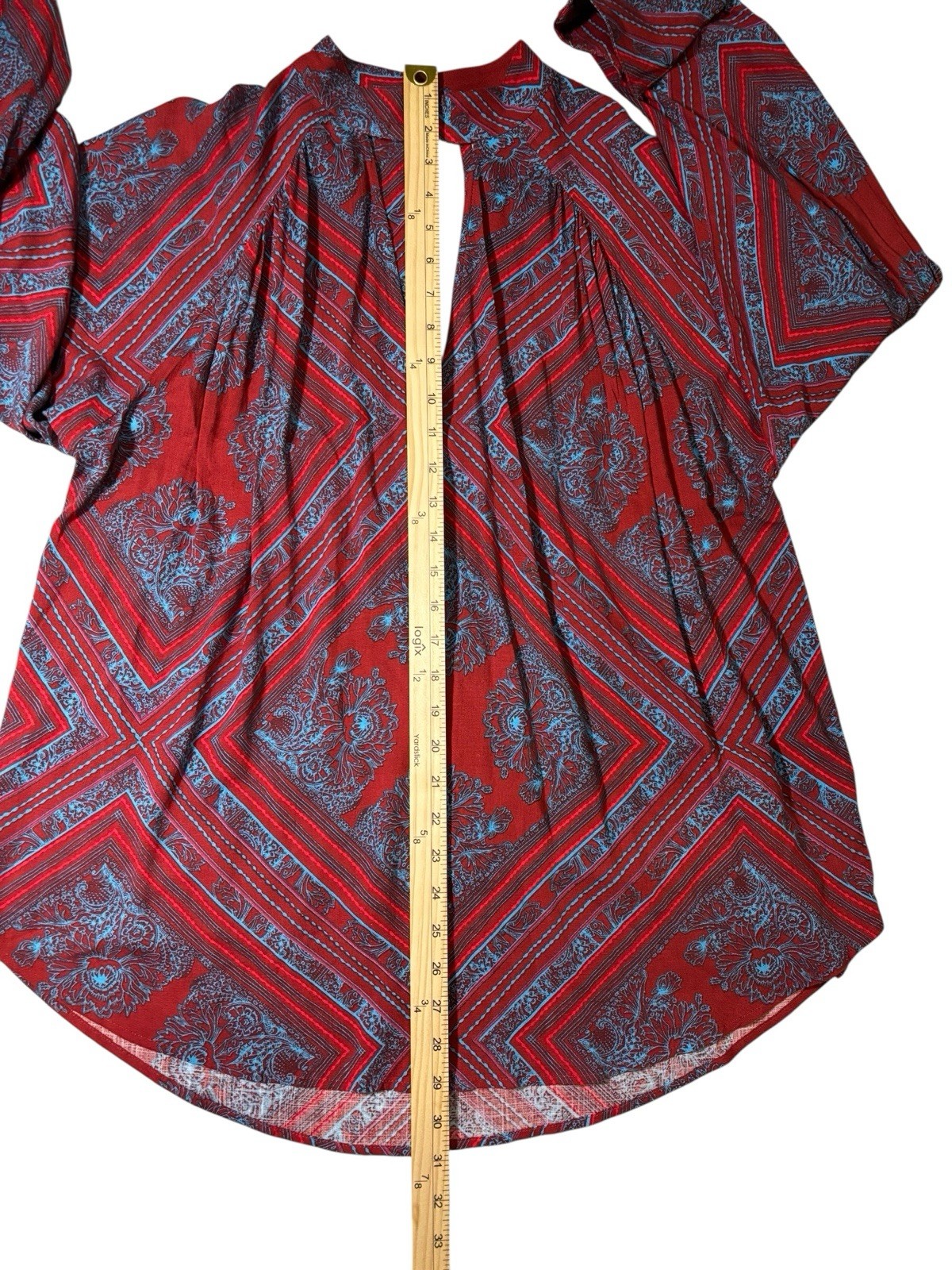 Free People Walking On A Dream Tunic Top Women’s S Red Blue Keyhole Aztec Boho