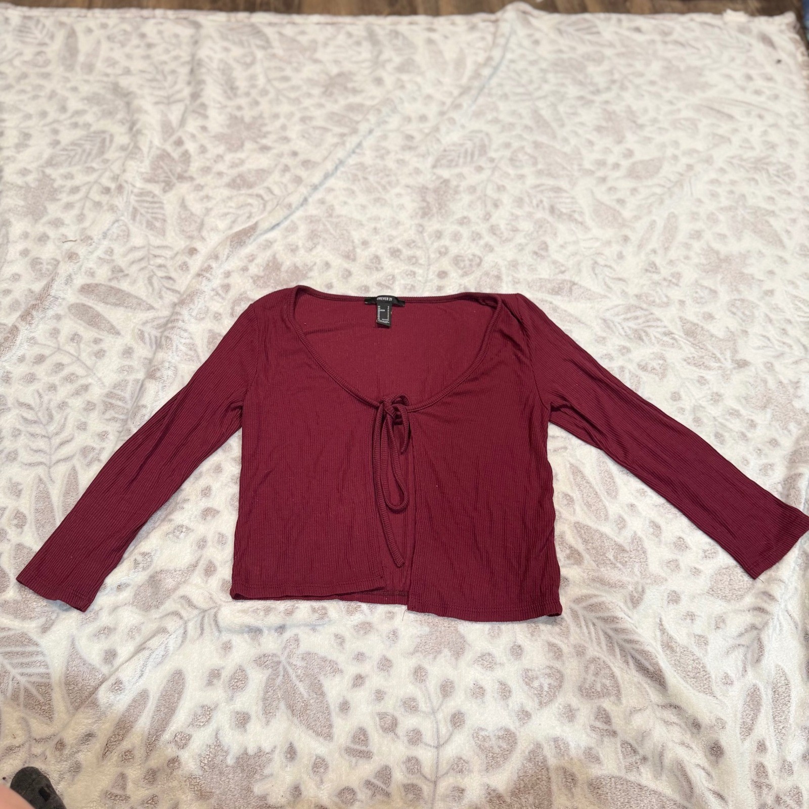 Forever 21 Tie Front Top Women Small Burgundy Ribbed Long Sleeve Boho Minimalist
