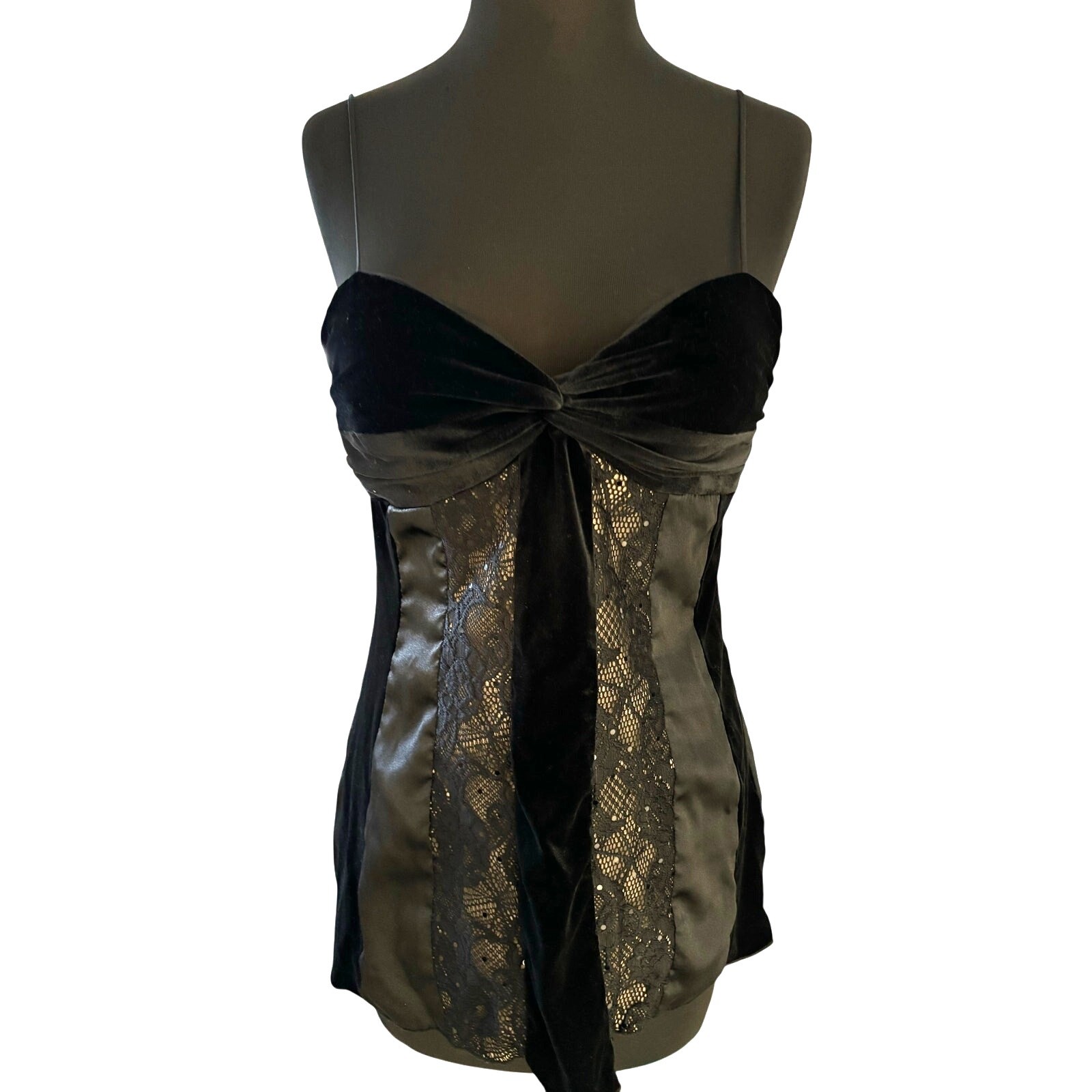 Cache Black Velvet Sheer Illusion Lace Top Cami Lined Sequins Bra New $128 NWT