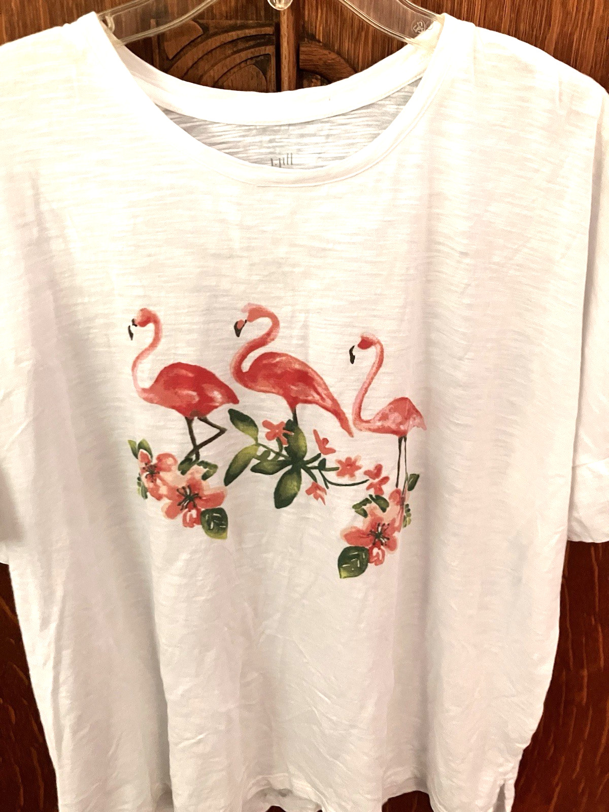 J JILL XL Beach Tee Collection Cotton Rayon White Flamingo Print Tee