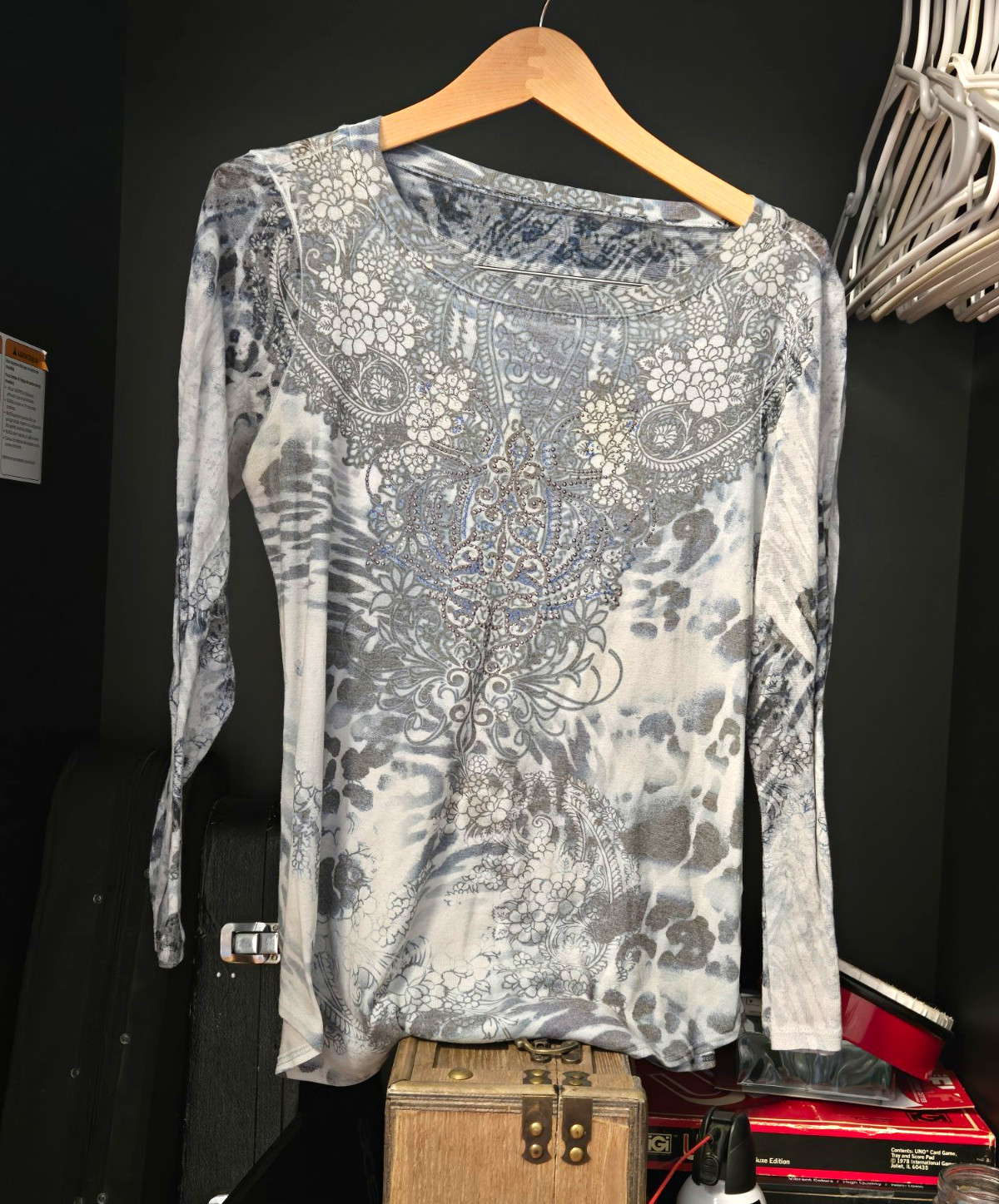 Y2K Blue Grey Baroque Filigree Floral Print Rhinestone Long Sleeve Top Large