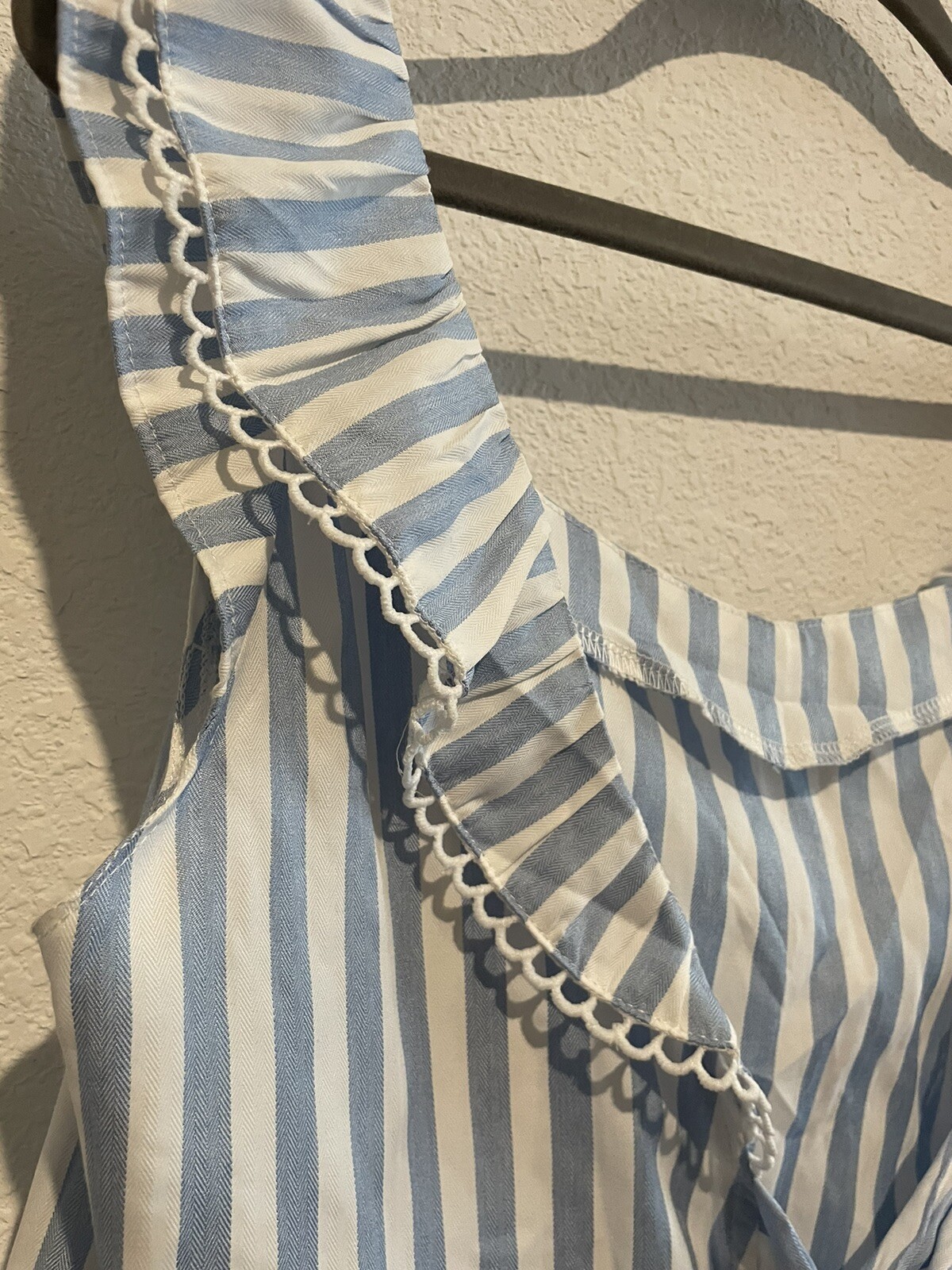 Women Blue Striped Tie Back Ruffle Trim Top Size Large Bar None Country Store