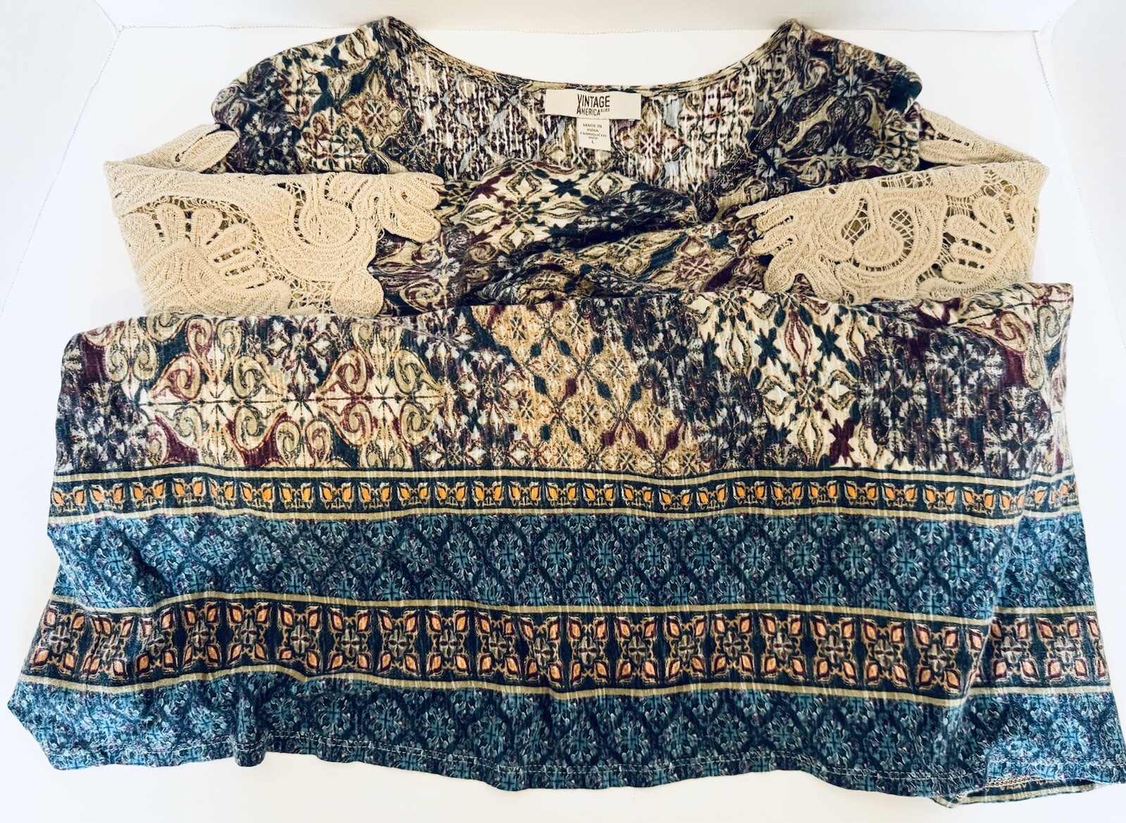 Vintage America Blues Missey Peasant Pull Over Blouse Size Large Tan Lace Panels