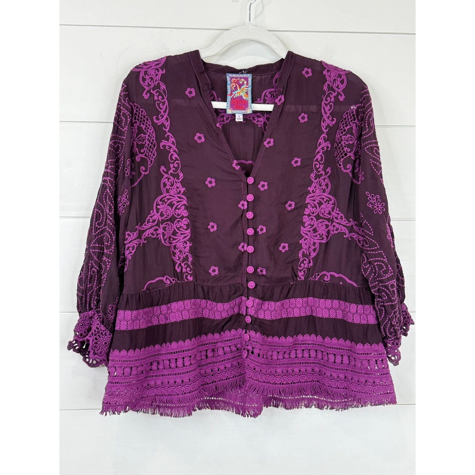 Johnny Was Polyvore Juniper Embroidered Fringe Crochet Boho Blouse Purple S