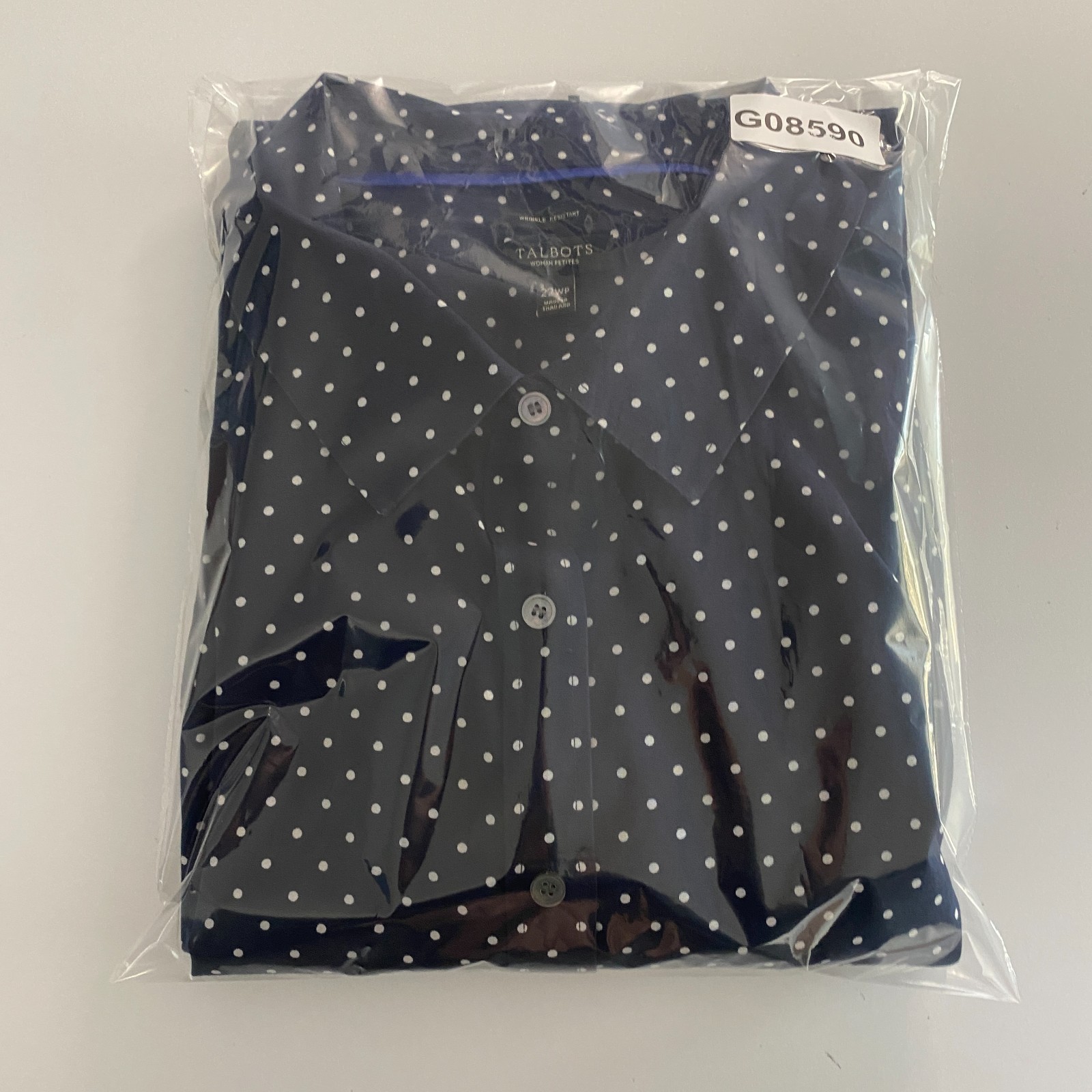 Talbots Wrinkle Resistant Button Up Shirt Size 22WP Navy White Polka Dot Stretch