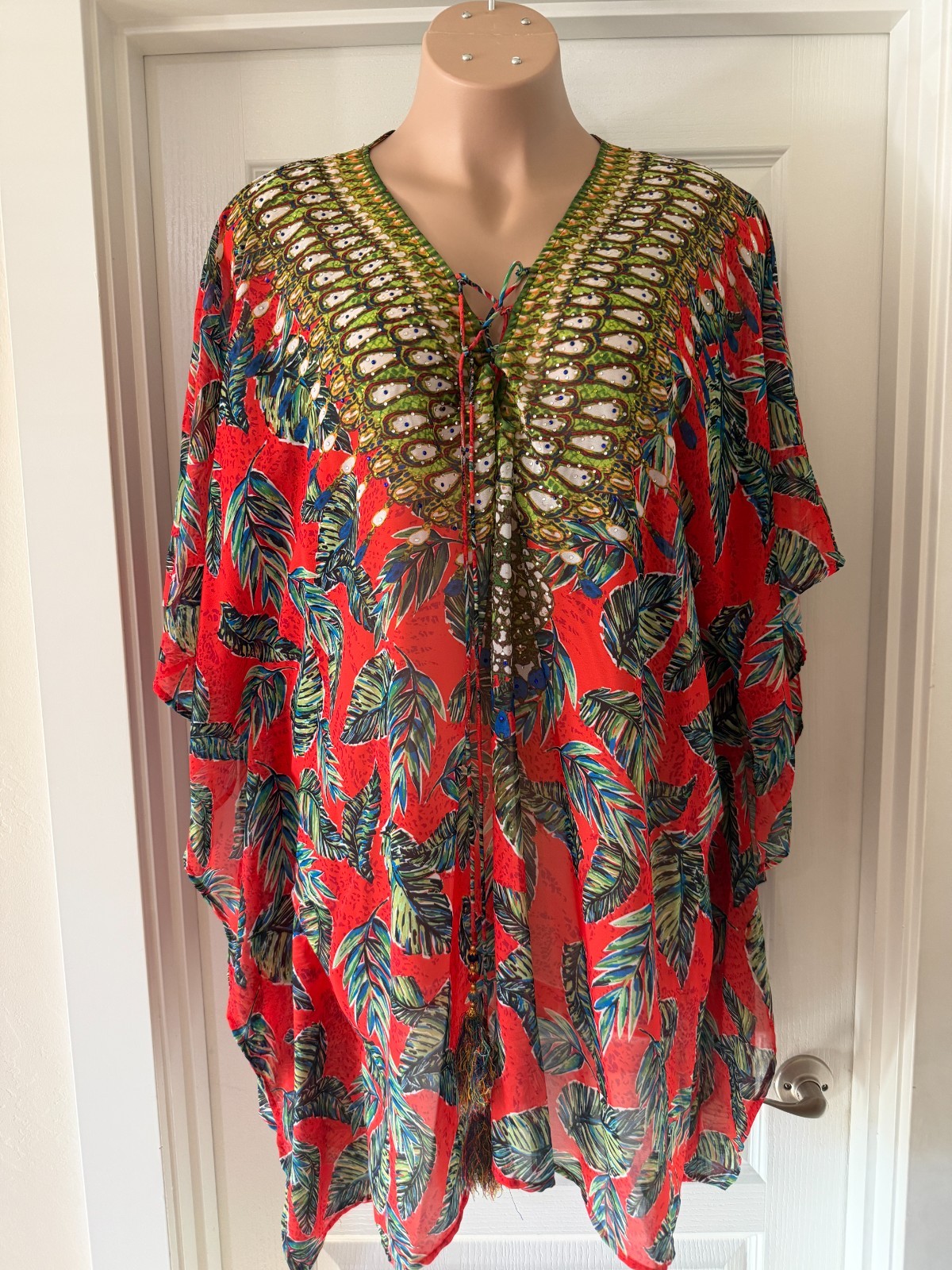 Red Multicolor Kaftan Tunic Coverup Beaded Peacock Boho Artsy Size 24