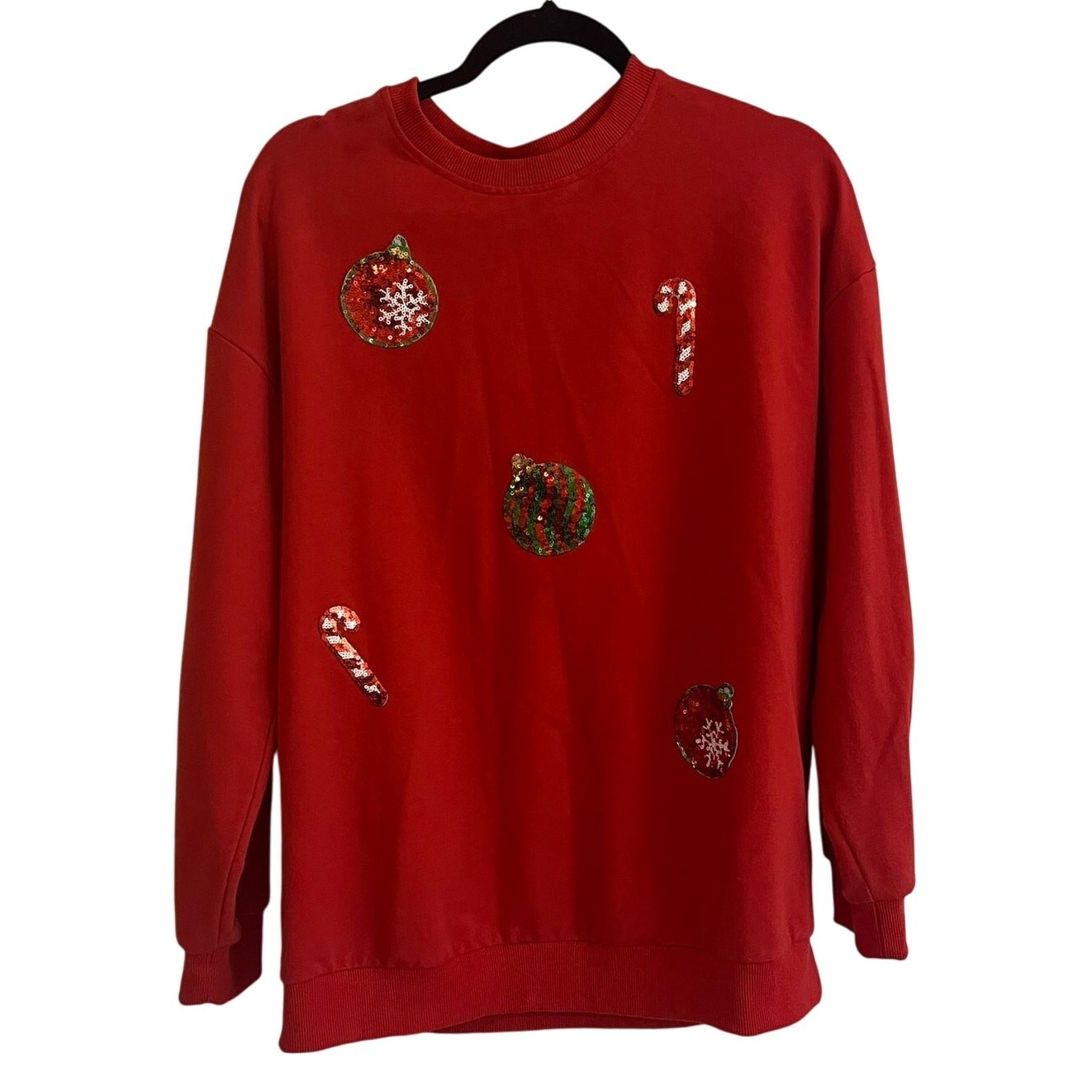 Christmas Holiday Themed Women’s Red Embellished Sweatshirt Size M Candy Canes
