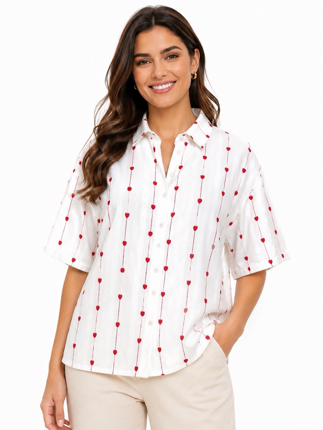 Solitaire Womens White Red Heart Embroidered Button Down Shirt Top XL