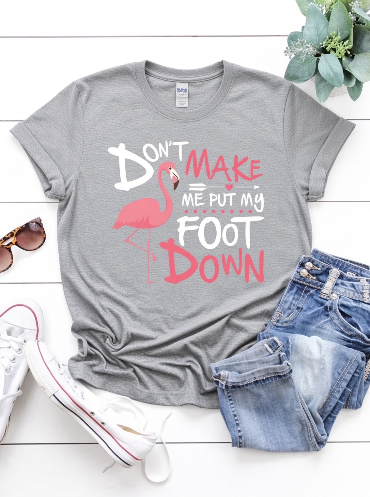 Don’t Make Me Put My Foot Down Flamingo Funny Tee Shirt Sport Gray