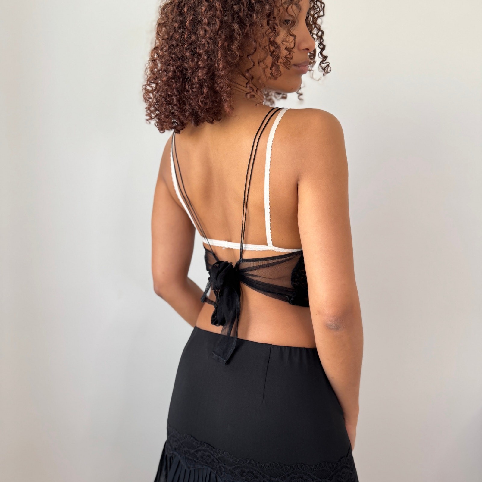 Vintage Love Sex Money Black Lace Mesh Top Tie Back Sheer Y2K (S)