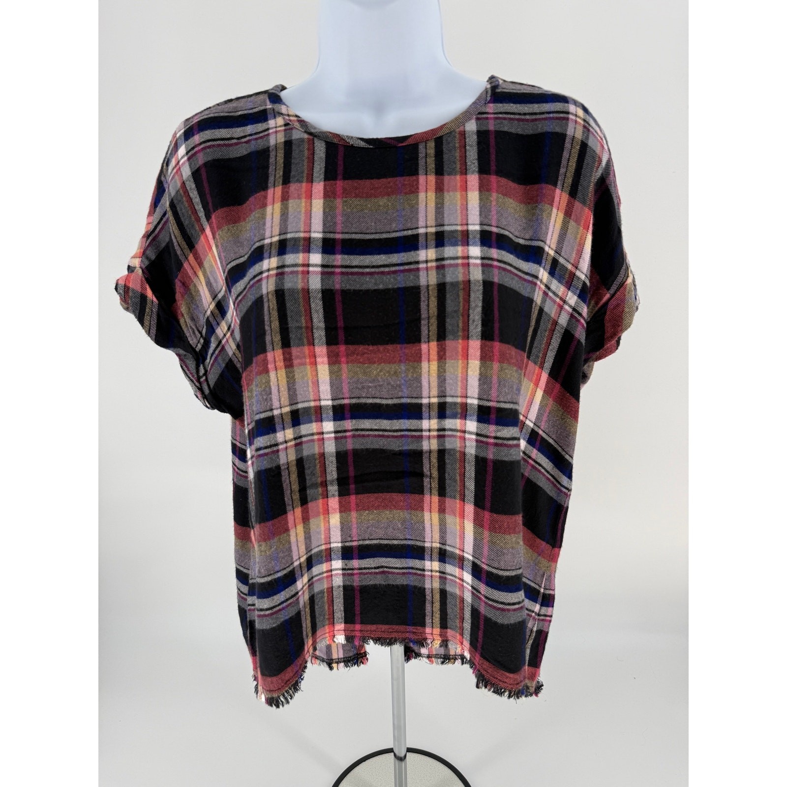Cloth & Stone Anthropologie M Plaid Rayon Button Back Raw Hem Oversized Blouse