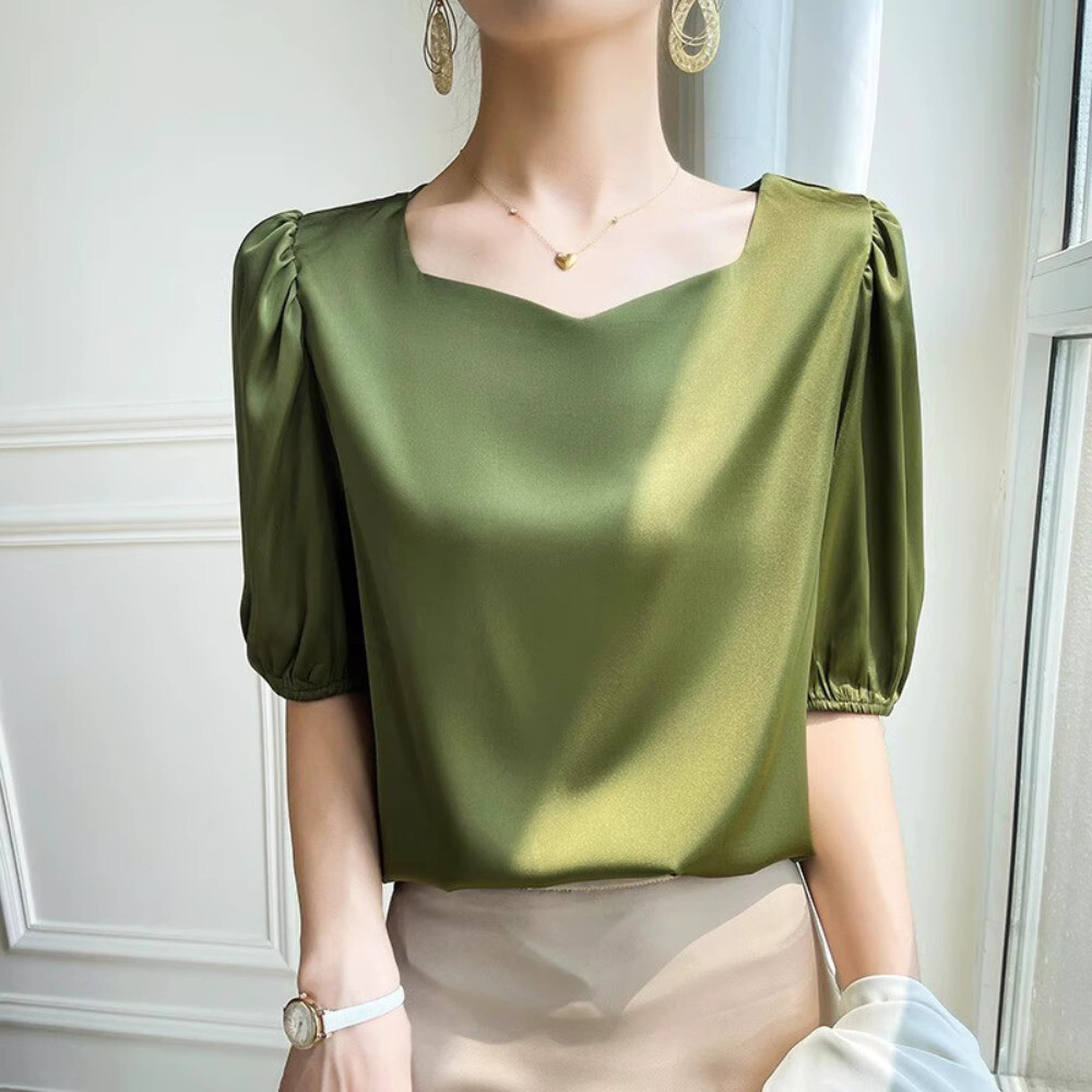 Women Formal Satin Faux Silk Shirt Tops Short Sleeve Tee Shirt Blouse Casual