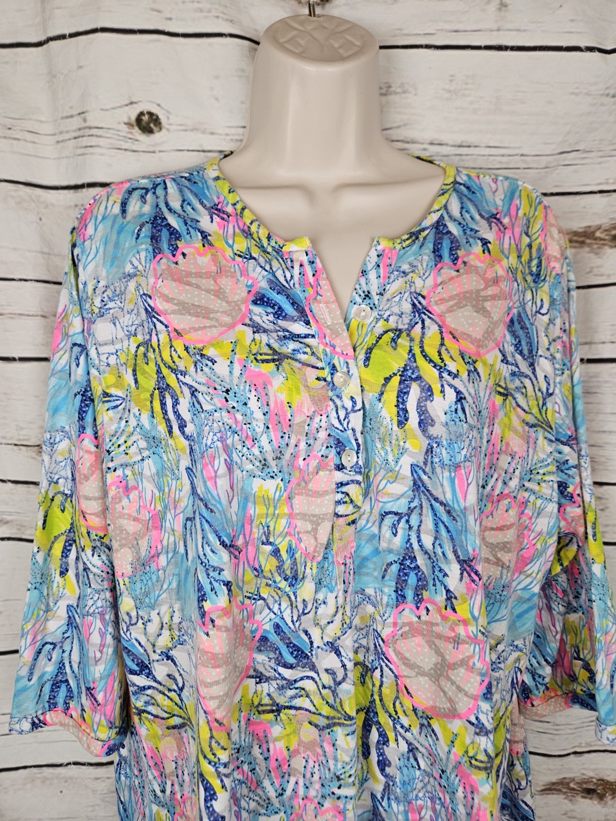Lulu B Under Sea Print Slub Knit Top XL Henley 3/4 Sleeves Womens