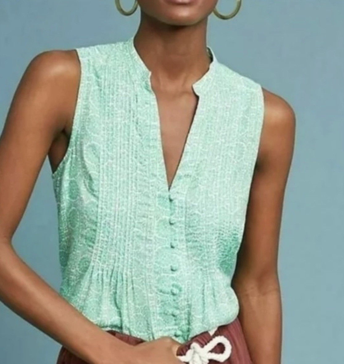 Anthropologie Maeve Petunia Pintuck Sleeveless Tunic Top In Green/White Size XS