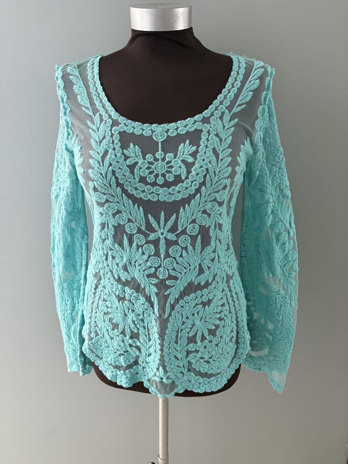Blue Sheer Embroidered Lace Top Womens Medium Floral Boho Festival Layer Beach