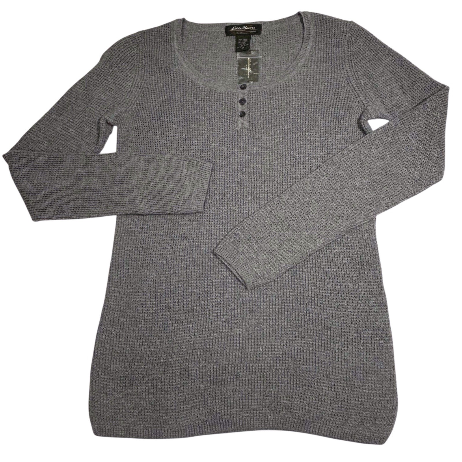 Eddie Bauer Thermal Waffle Henley Top Womens XS Gray Baselayer Granola Girl NWT