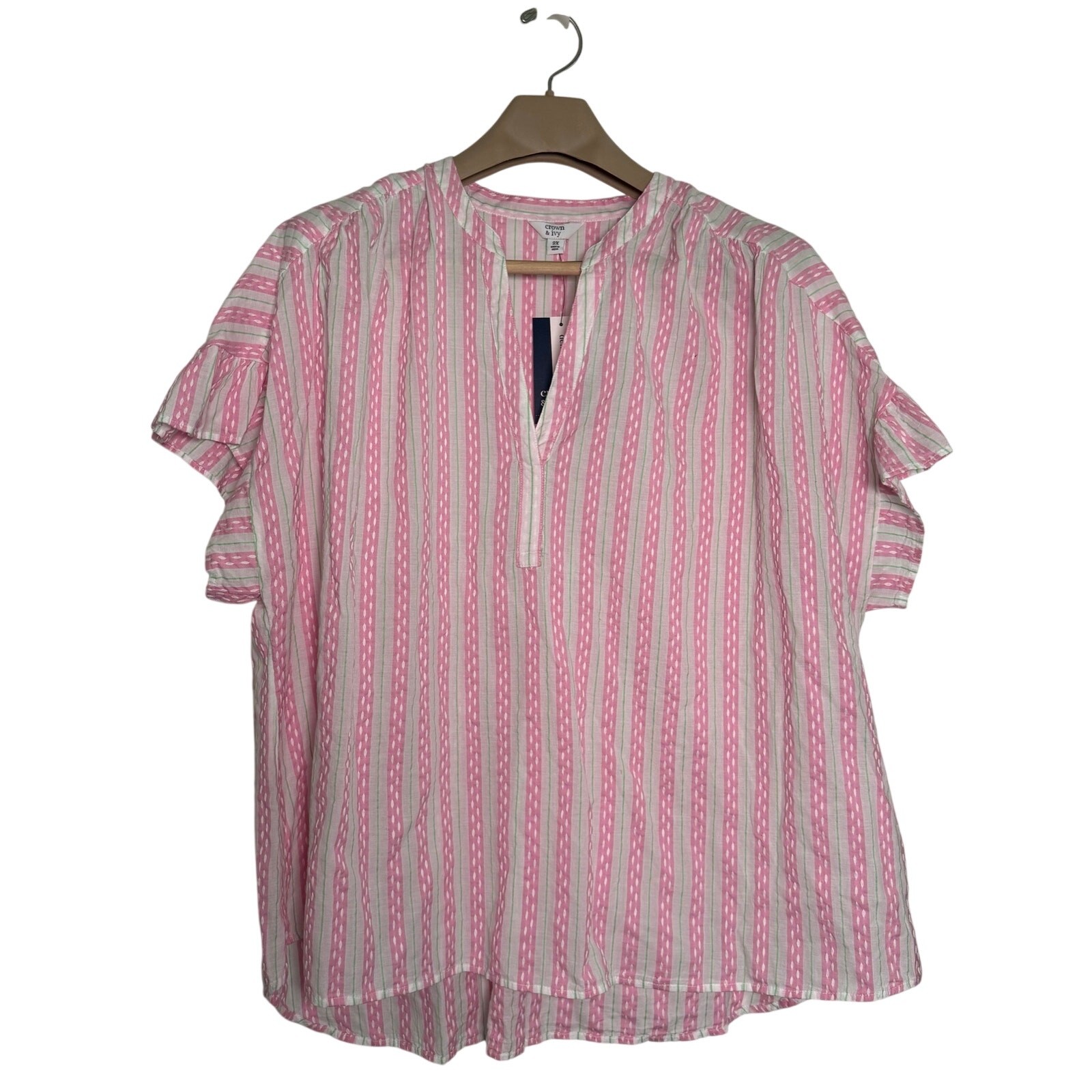 Crown & Ivy Blouse Pink Green White Stripe SIZE 2X Cotton Ruffle Sleeve NEW