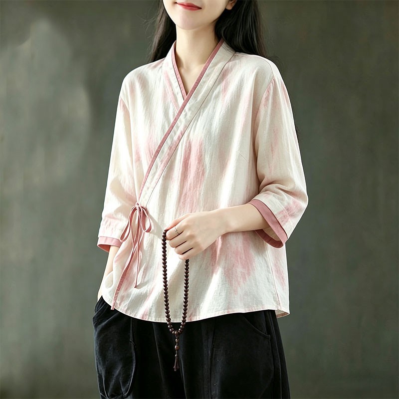Chinese Style Womens Loose Tops Blouse Hanfu Shirts V-Neck Casual Retro Shirts