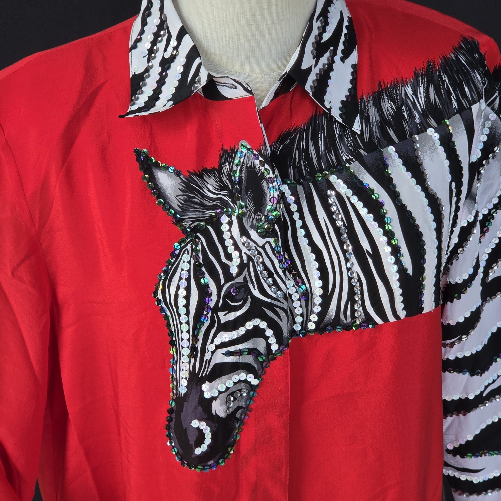 Diane Gilman 100% Silk Red Zebra Blouse Button Front NWT Size S