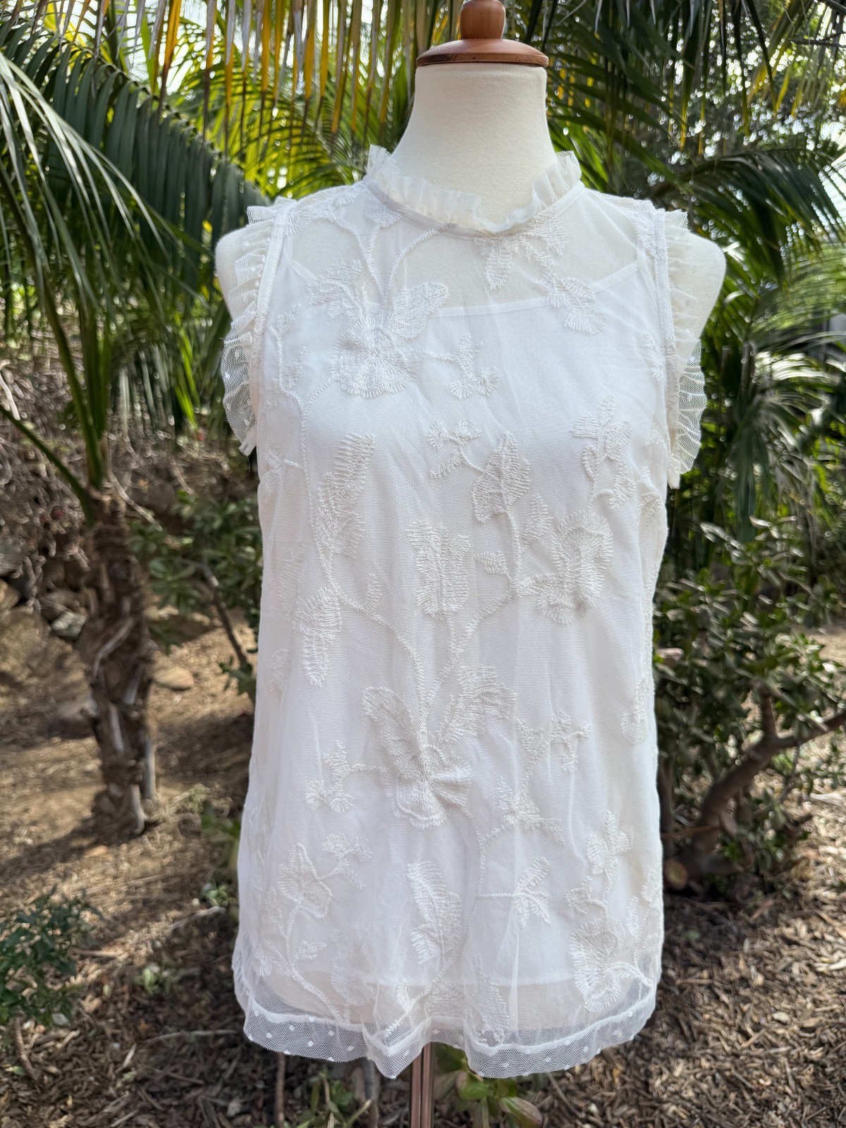 WHO WHAT WEAR Boho Angelcore White Embroidered Mesh Mock Neck Ruffle Top Size S