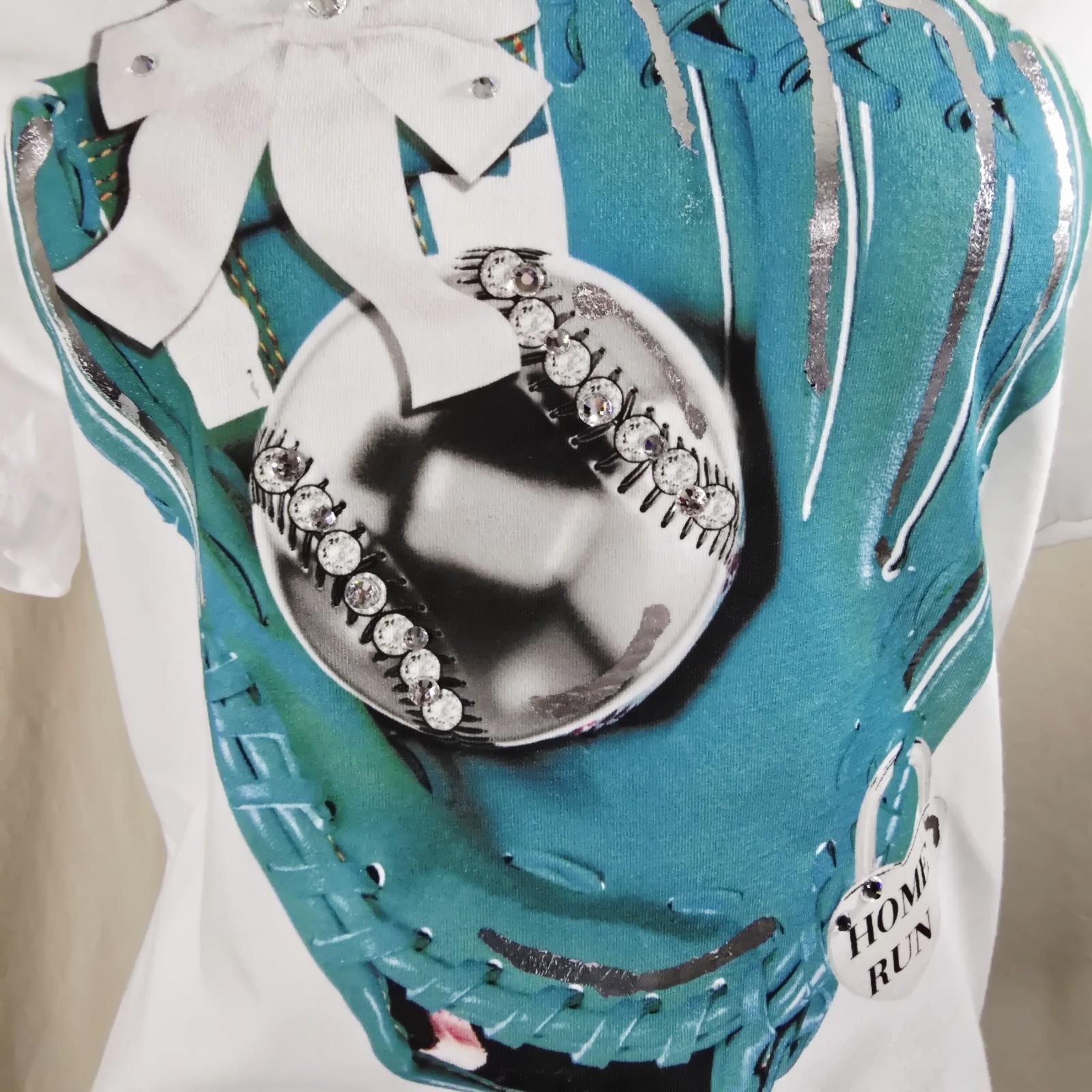 Baseball & Co Womens Graphic T Shirt Size L White Tee Rhinestone Softball Glove