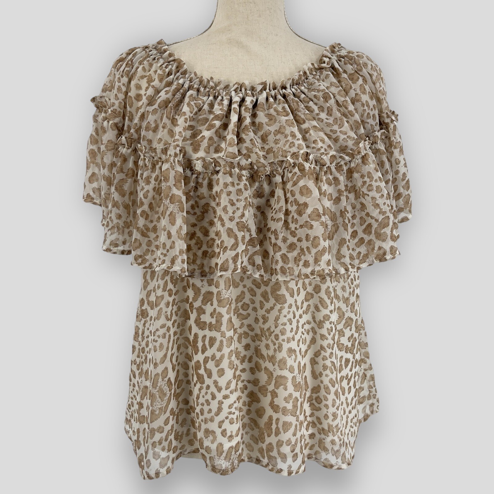 Entro Off Shoulder Flounce Top Womens Animal Print Flowy Short Sleeve Blouse M
