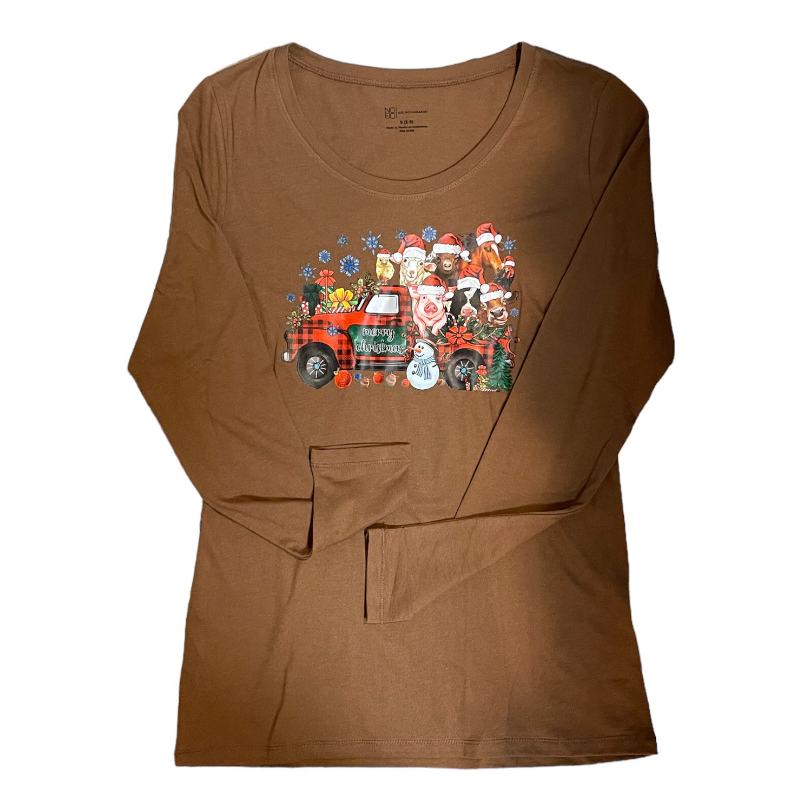 S Scoop Neck Long Sleeve T-Shirt “Merry Christmas” Farm Animals~Truck~Mom~Gift