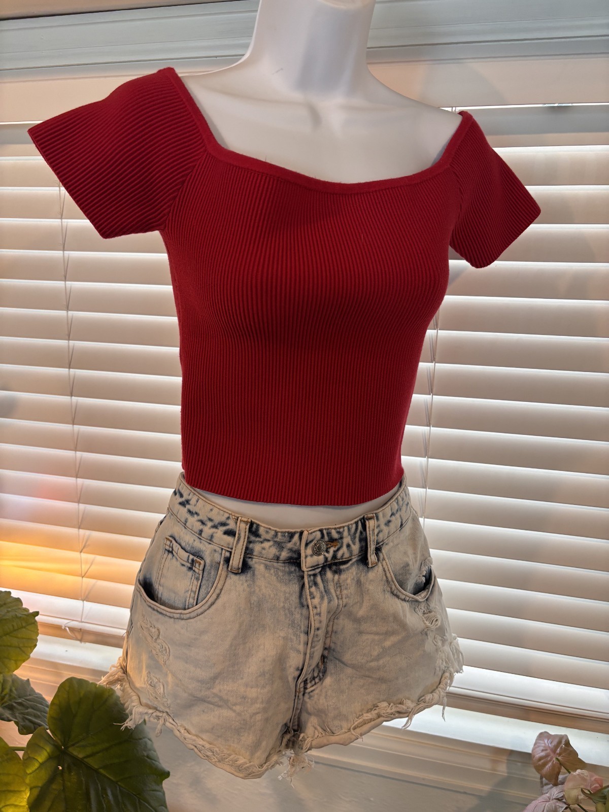 Abound Red Ribbed Knit Off-The-Shoulder Shirt w/ Short Capped Sleeves