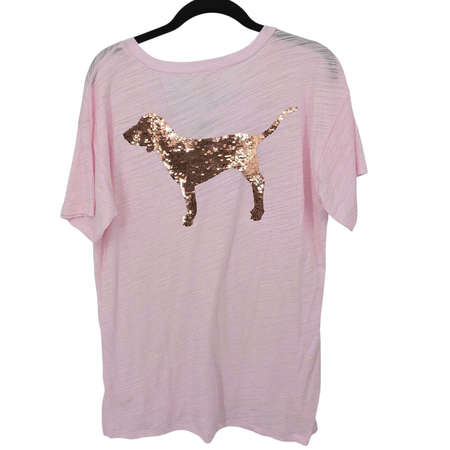 PINK Victoria’s Secret T-Shirt Women Small Pink Sequin Dog Logo Slub Knit V-Neck