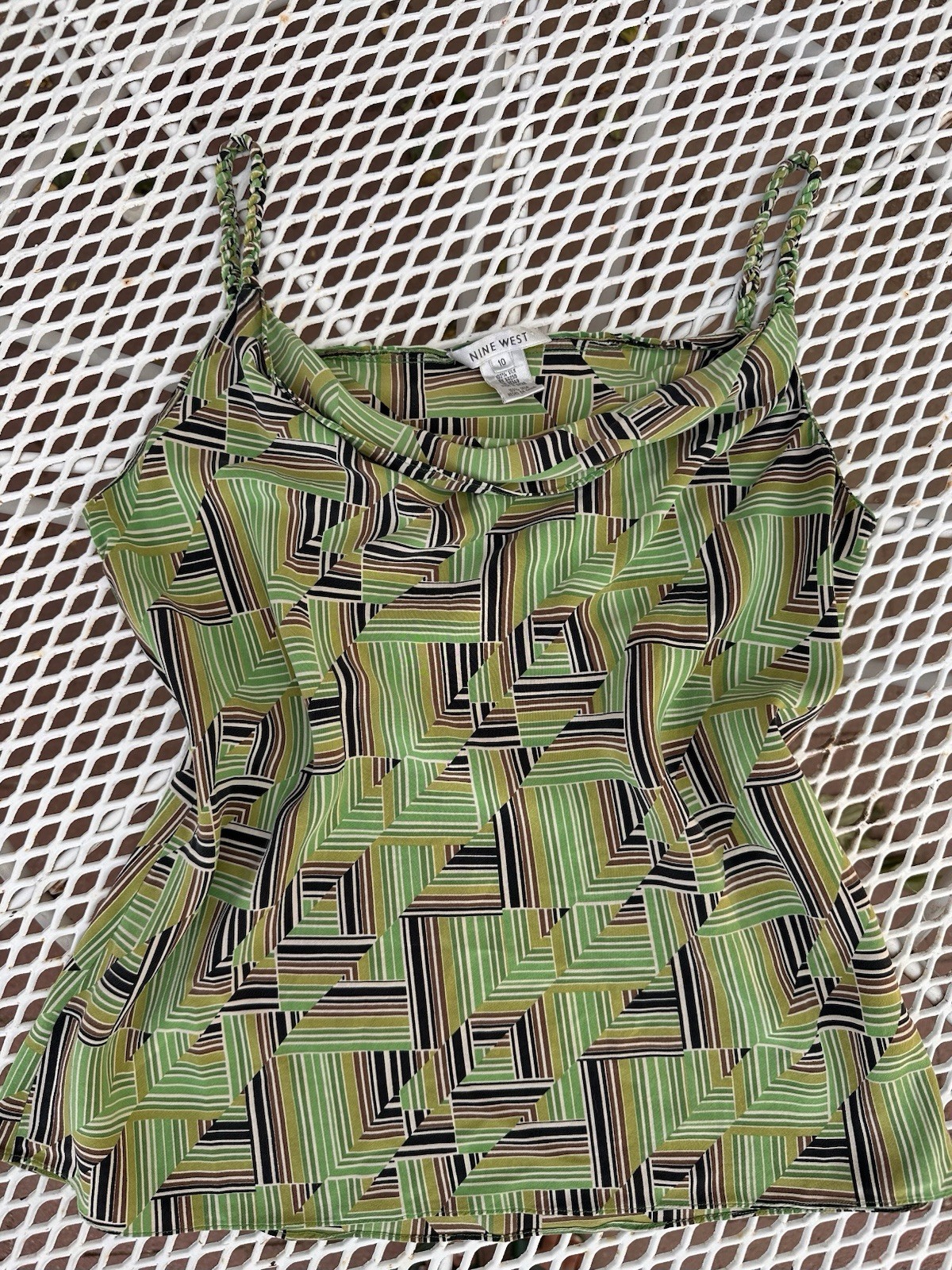 Nine West Silk Cami Tank Top Size 10 Green Geometric Scoop Neck braided straps