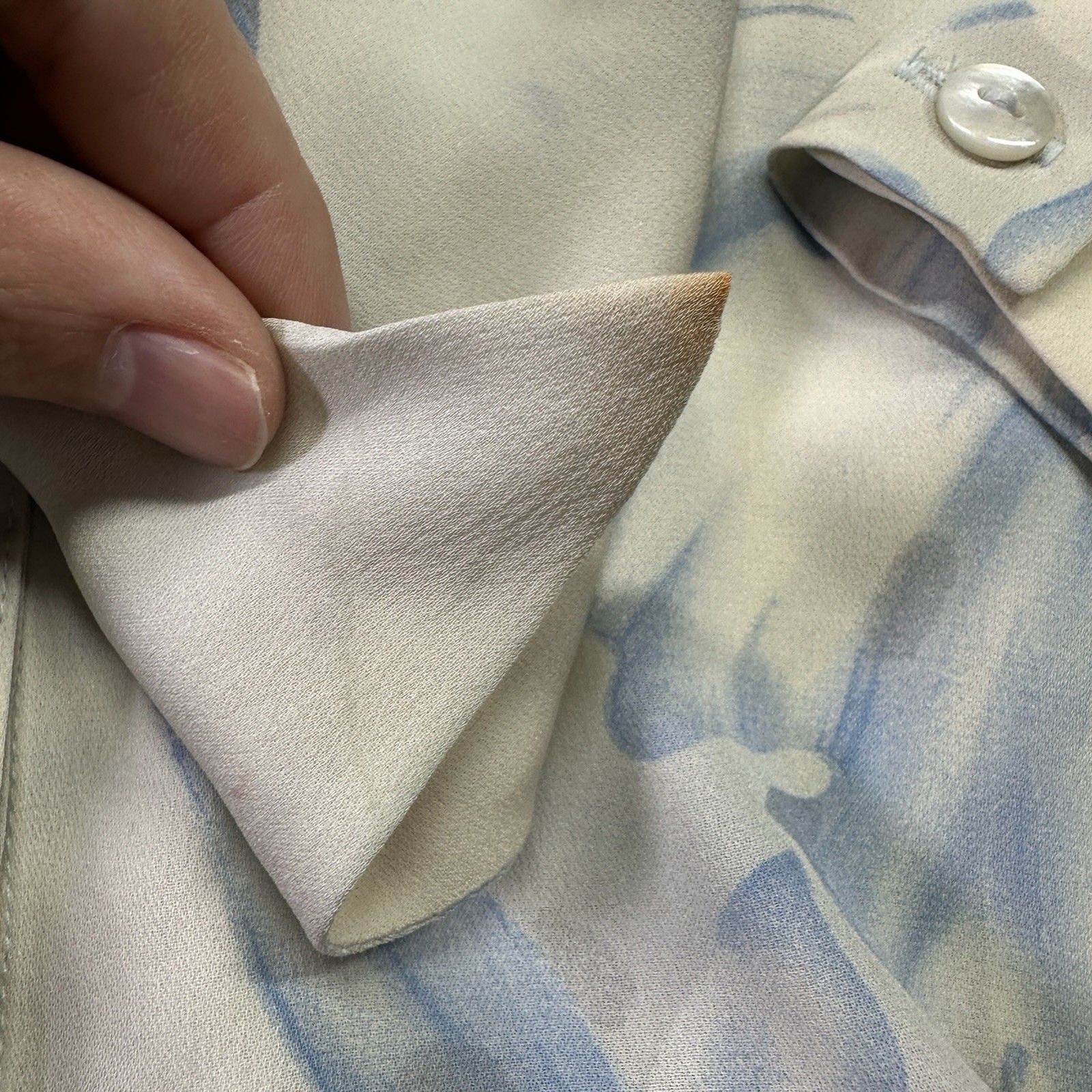 Escada Silk Blouse Tie Neck Ivory Blue Sz M Designer Soft Romantic Old Money