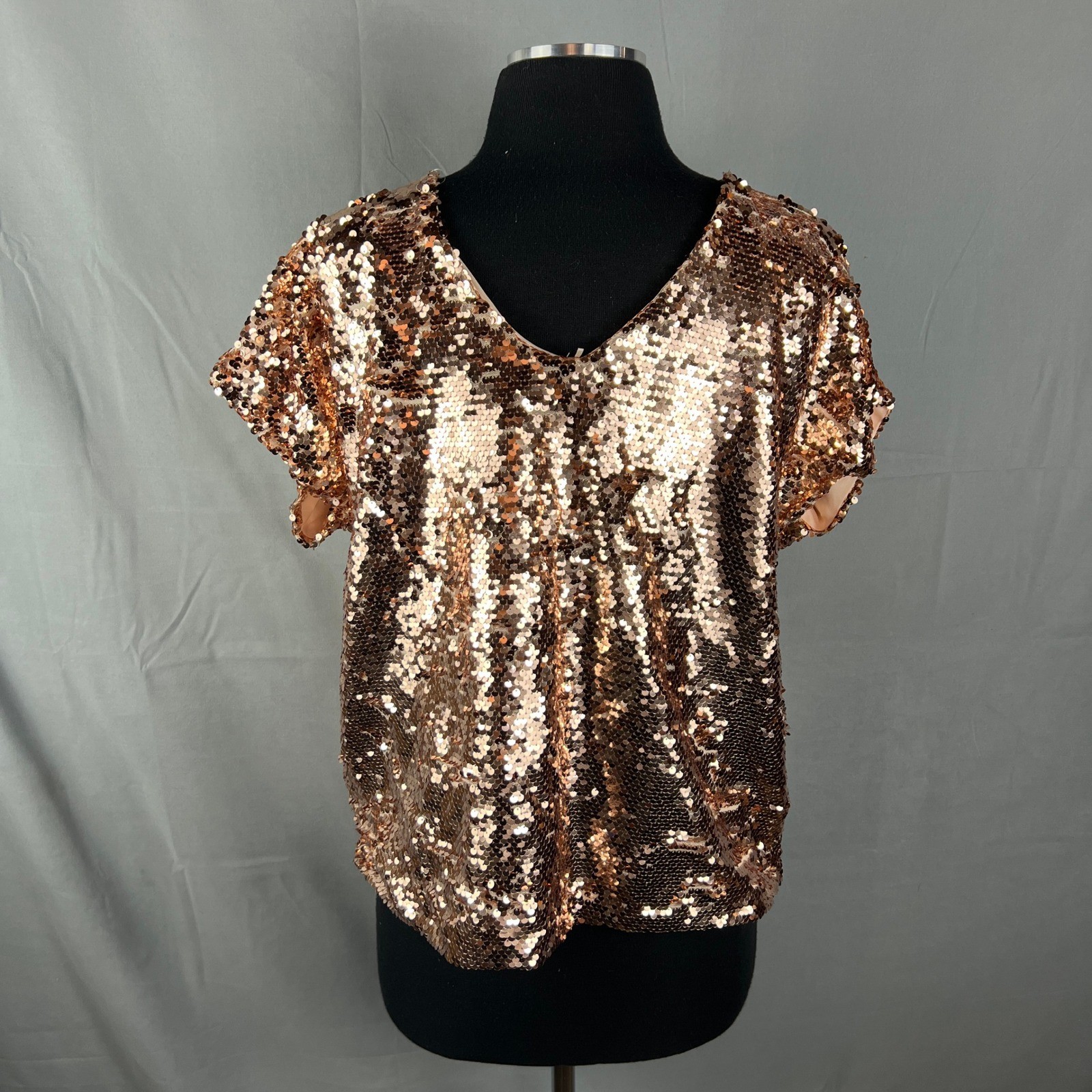 Lavish Blouse Top Womens Large Rose Gold Sequin Embellished Short Sleeve Party